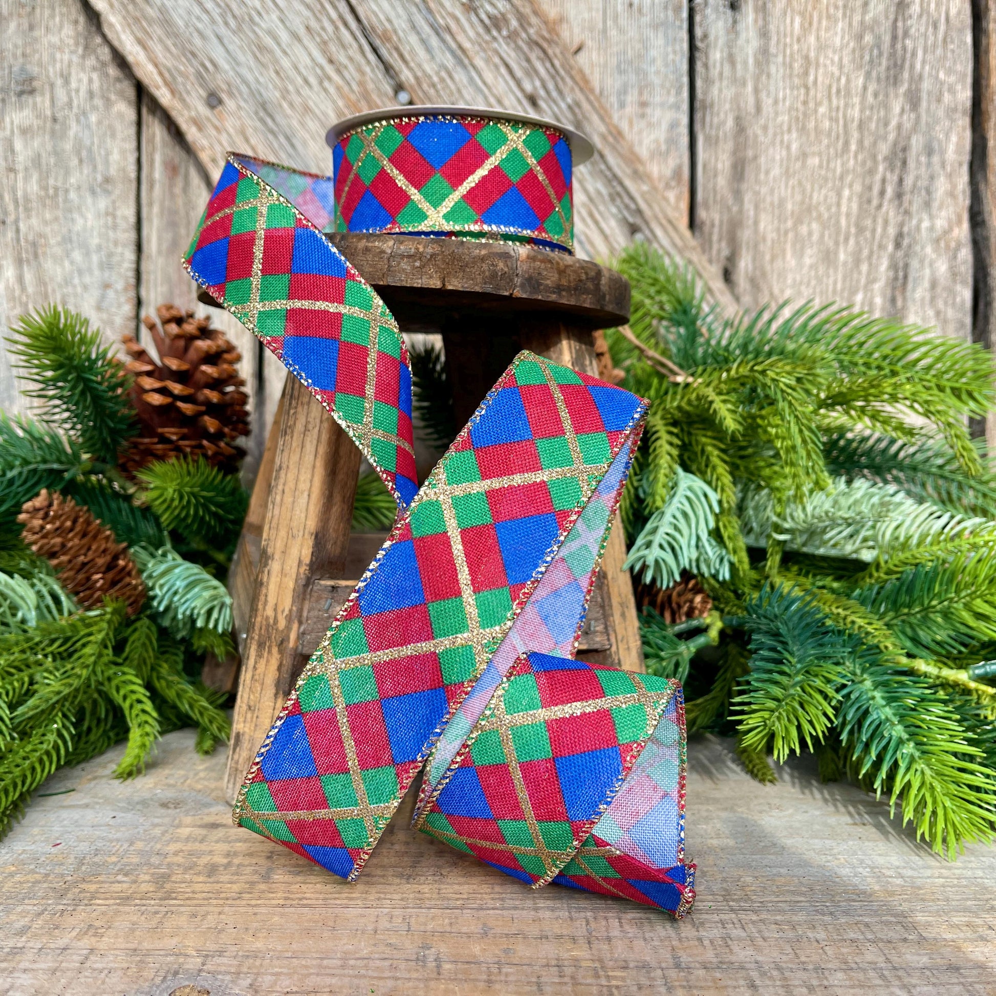 1.5" Blue Christmas Plaid Ribbon, Red Blue Green Gold Georgina Plaid Ribbon, Christmas plaid Ribbon