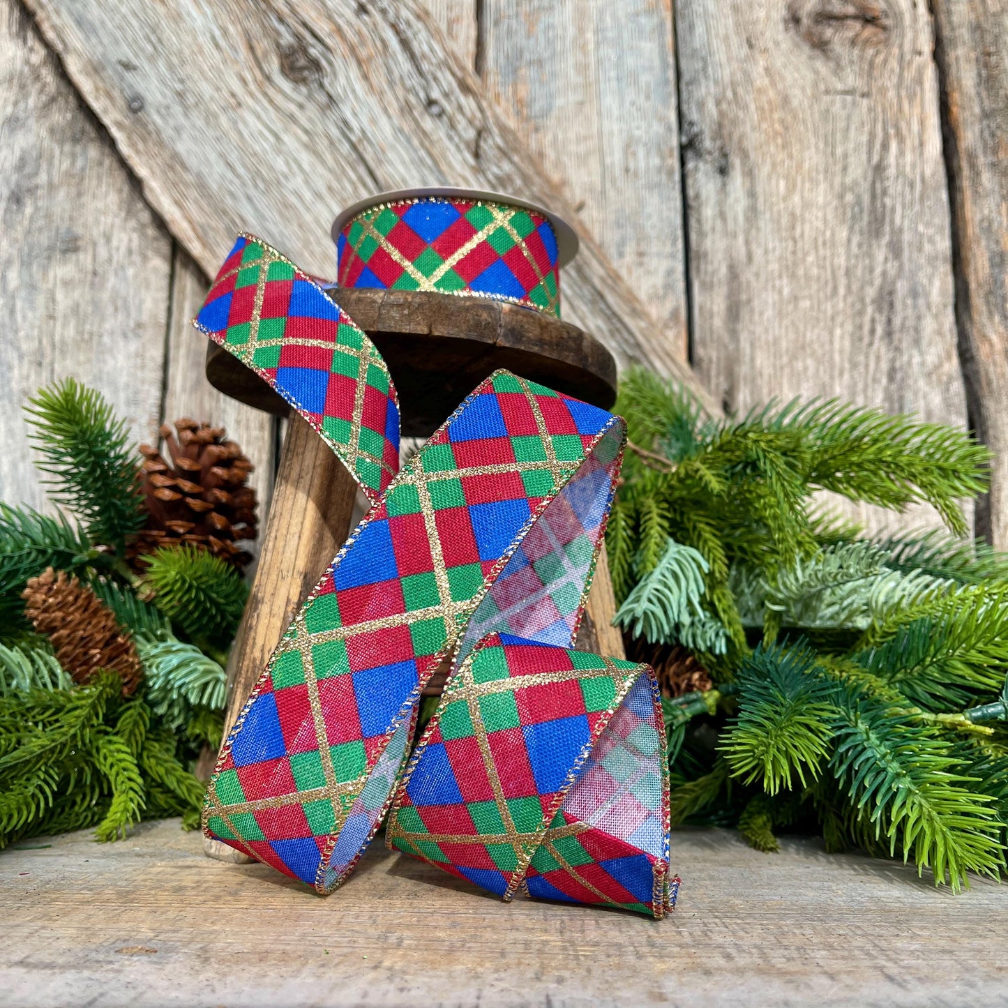 1.5" Blue Christmas Plaid Ribbon, Red Blue Green Gold Georgina Plaid Ribbon, Christmas plaid Ribbon, Christmas Tree Ribbon