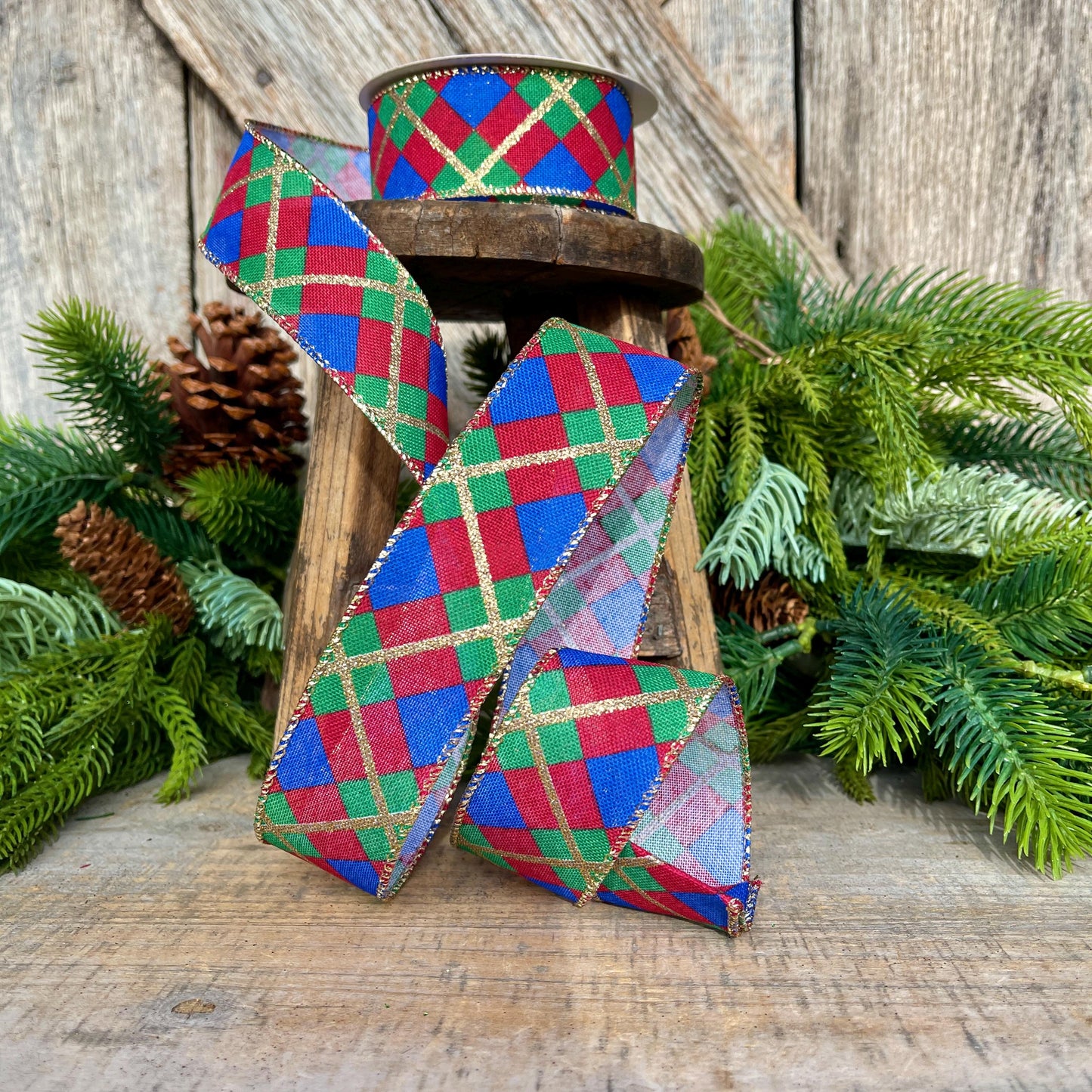 1.5" Blue Christmas Plaid Ribbon, Red Blue Green Gold Georgina Plaid Ribbon, Christmas plaid Ribbon