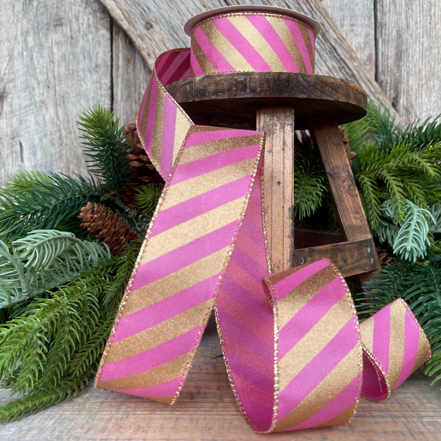 1.5" Pink Gold Ribbon, Pink & Gold Diagonal Stripe Ribbon, CHristmas Ribbon, Pink Ribbon, Metallic Gold, Christmas Tree Ribbon, Gift Wrap