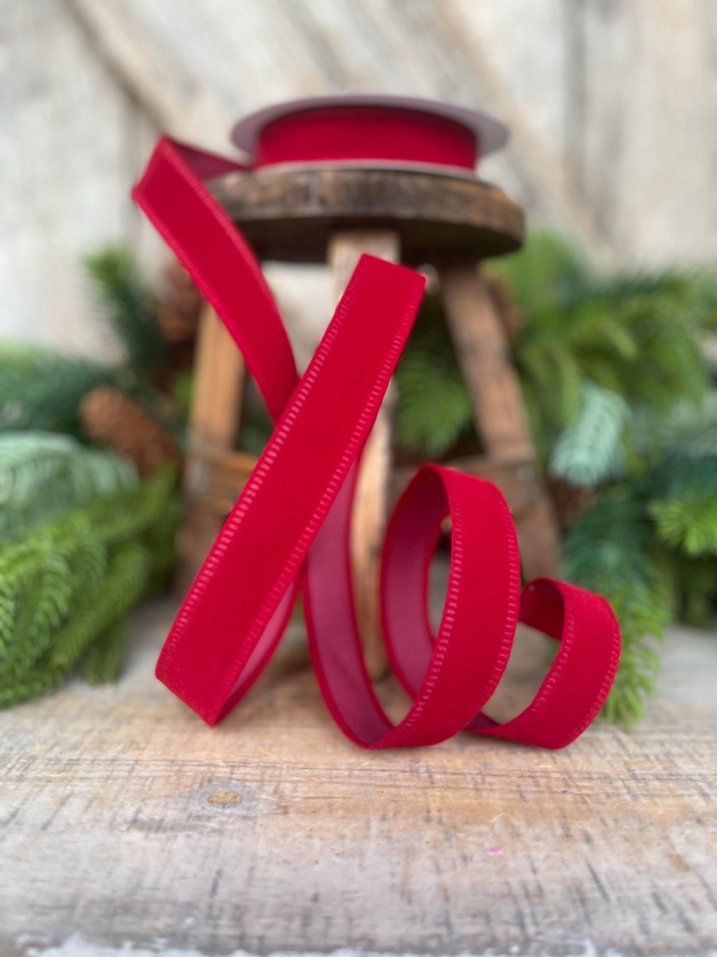 7/8" Red Velvet Ribbon, Deep Red Ribbon, Flocked Ribbon, Narrow Ribbon, Christmas Ribbon, Gift Wrap Ribbon