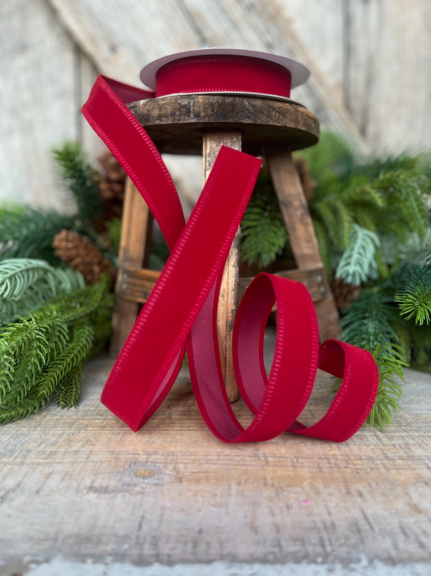 7/8" Red Velvet Ribbon, Deep Red Ribbon, Flocked Ribbon, Narrow Ribbon, Christmas Ribbon, Gift Wrap Ribbon