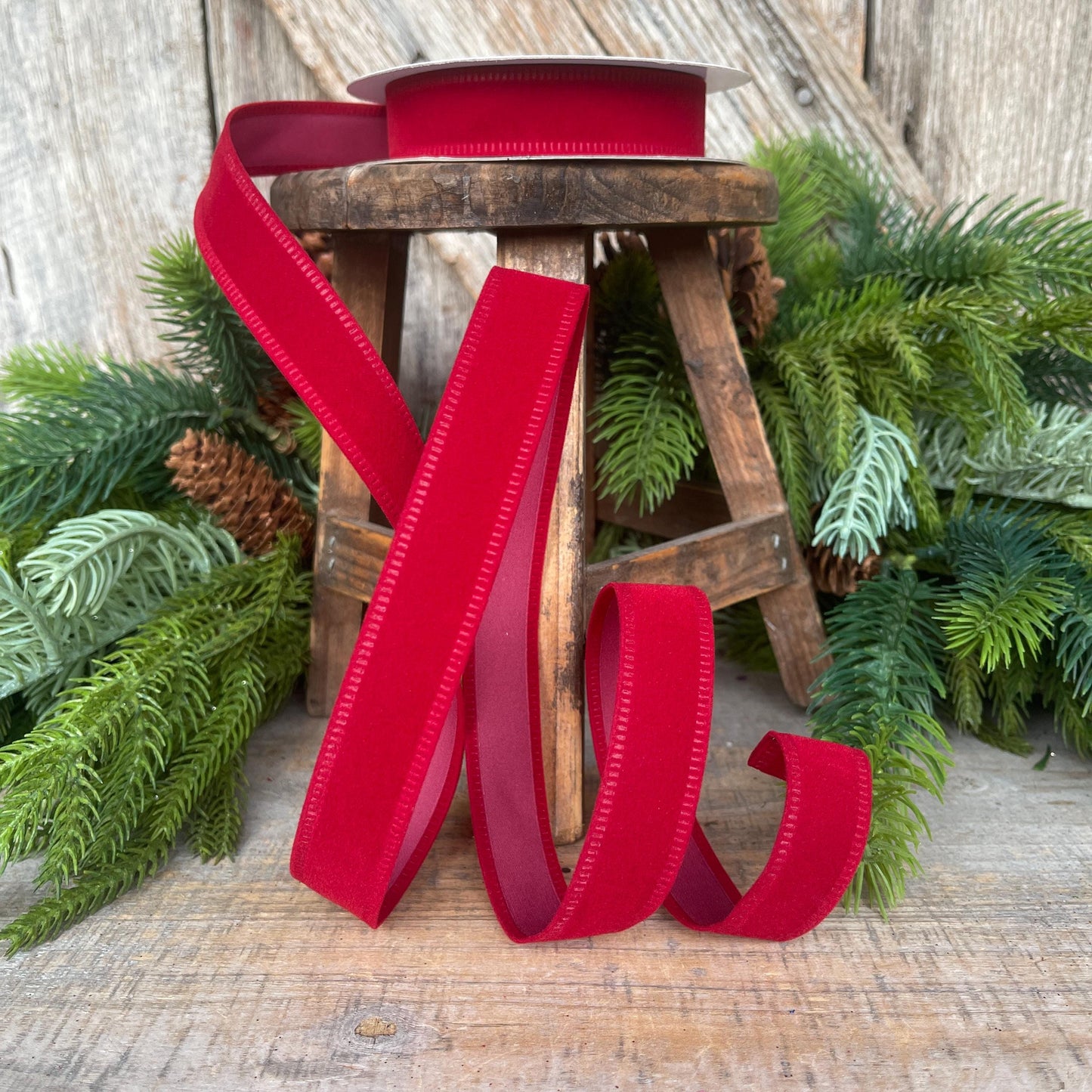 7/8" Red Velvet Ribbon, Deep Red Ribbon, Flocked Ribbon, Narrow Ribbon, Christmas Ribbon, Gift Wrap Ribbon