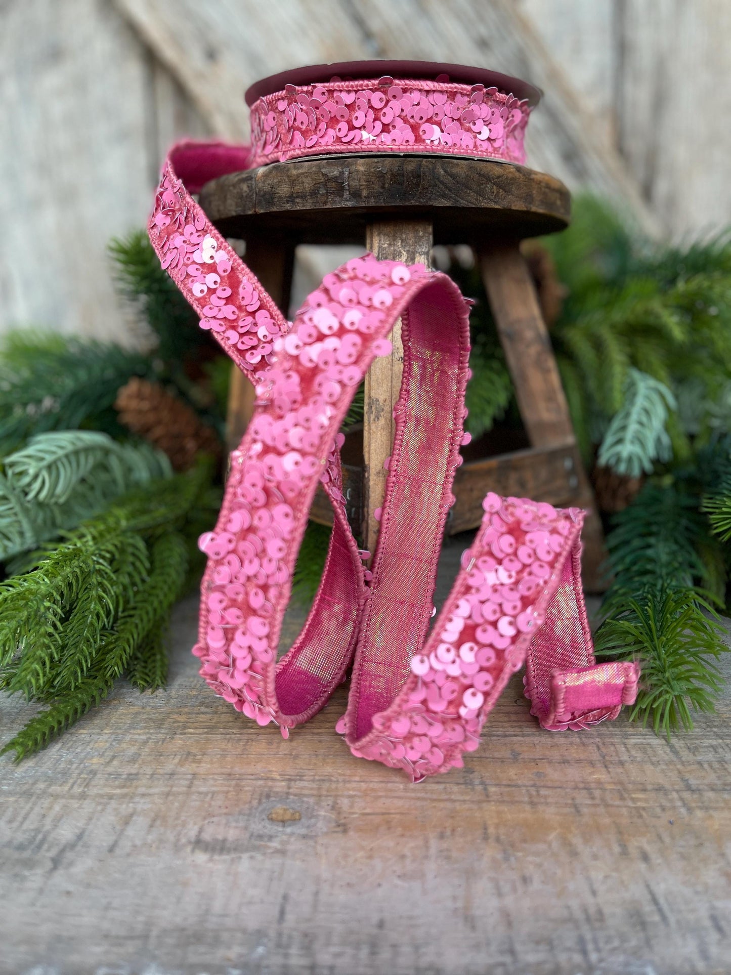 1" Pink Sequin Ribbon, Farrisilk Ribbon, Pink Jolly Sequin Ribbon, Pink Christmas Ribbon, Bubblegum Pink, RS178-14