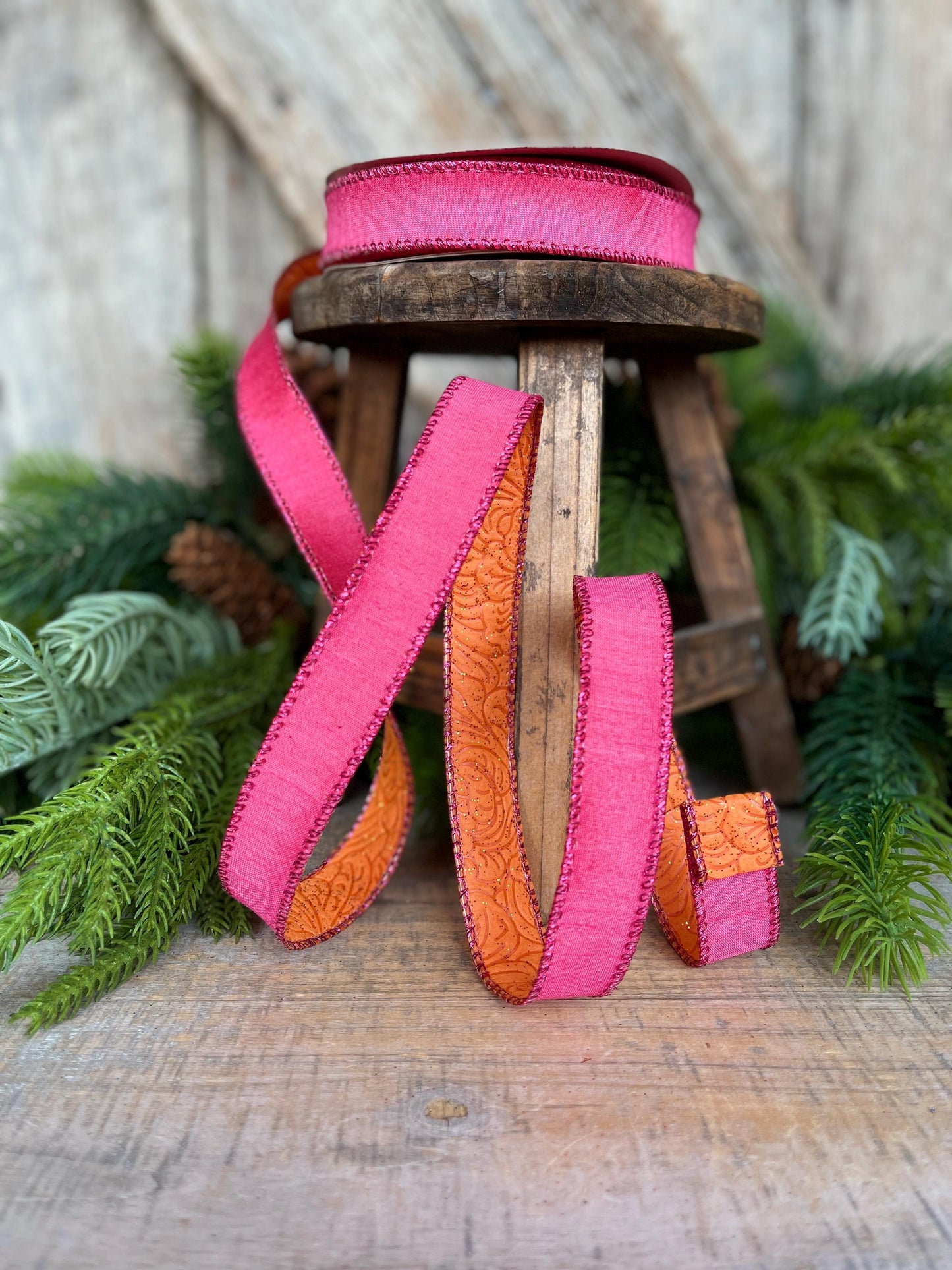 7/8" Pink Orange Ribbon, Hot Pink Ribbon, Wired Ribbon, Double sided ribbon Ribbon, Pink Orange Ribbon, D61532-05-28