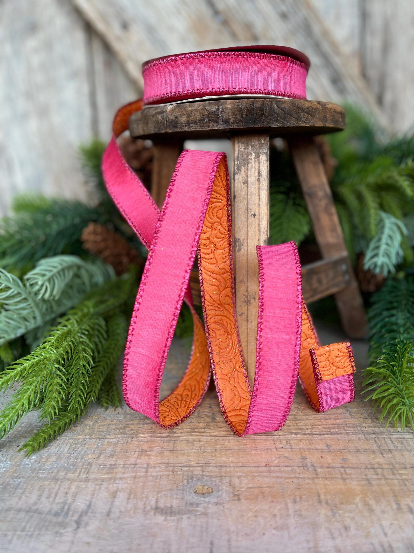 7/8" Pink Orange Ribbon, Hot Pink Ribbon, Wired Ribbon
