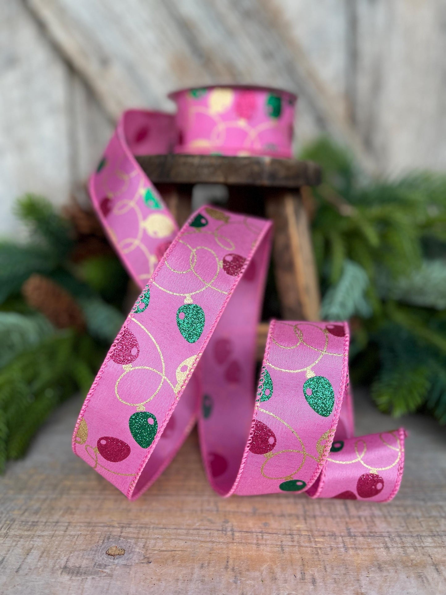 1.5" Pink Christmas Ribbon, Christmas Lights Ribbon, Bubblegum Pink Ribbon, vintage christmas lights, Christmas tree ribbon, 72506-09-44