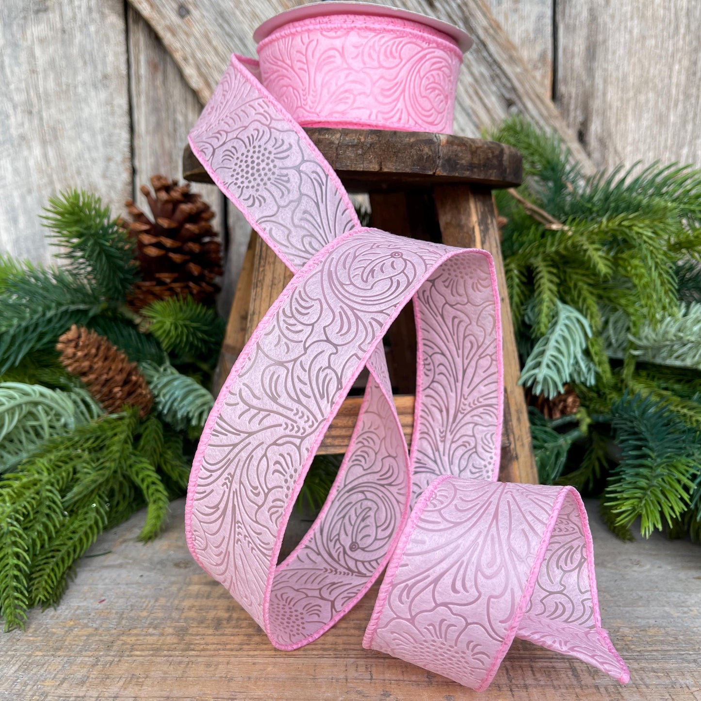 1.5" Light Pink Embossed Ribbon, Pink Ribbon, Christmas Ribbon, Gift Wrap Ribbon, Wreath Ribbon, Pink Christmas Ribbon, 984209-03