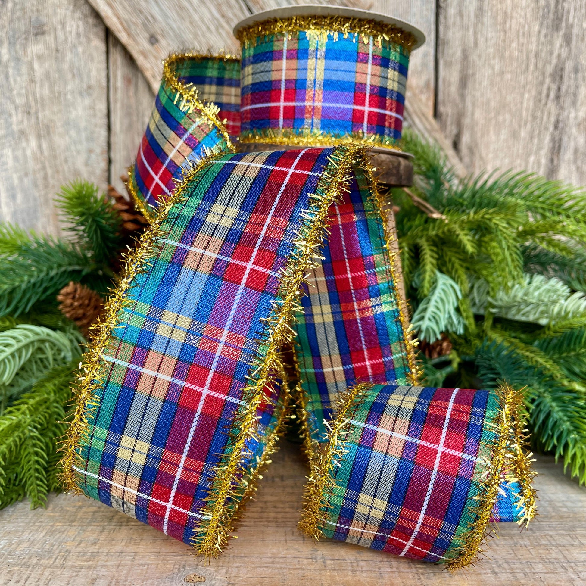 2.5" Blue Metallic Christmas Plaid Ribbon, Plaid Ribbon, Red Blue Green Gold Georgina Plaid Ribbon