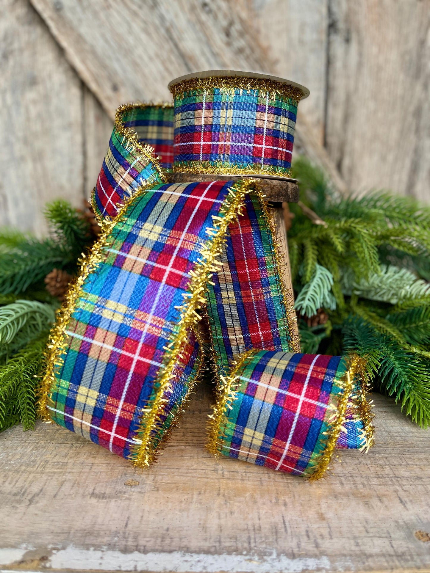 2.5" Blue Metallic Christmas Plaid Ribbon, Plaid Ribbon, Red Blue Green Gold Georgina Plaid Ribbon
