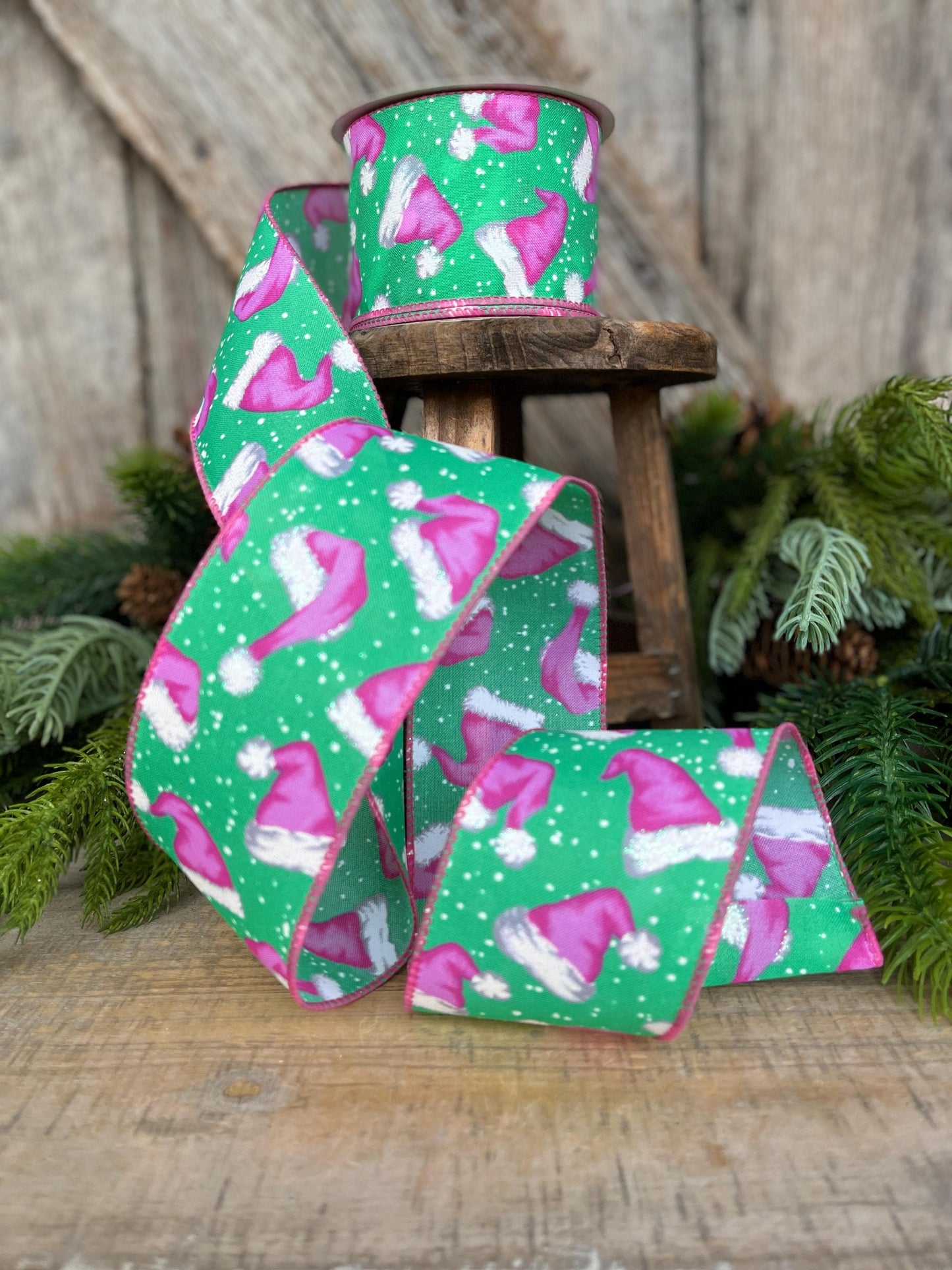 2.5" Pink Santa Hat Ribbon, Mint & Pink Ribbon, Christmas Ribbon, Mint Green Ribbon, Pink Santa Ribbon, 72501-40-06, Christmas Tree Ribbon
