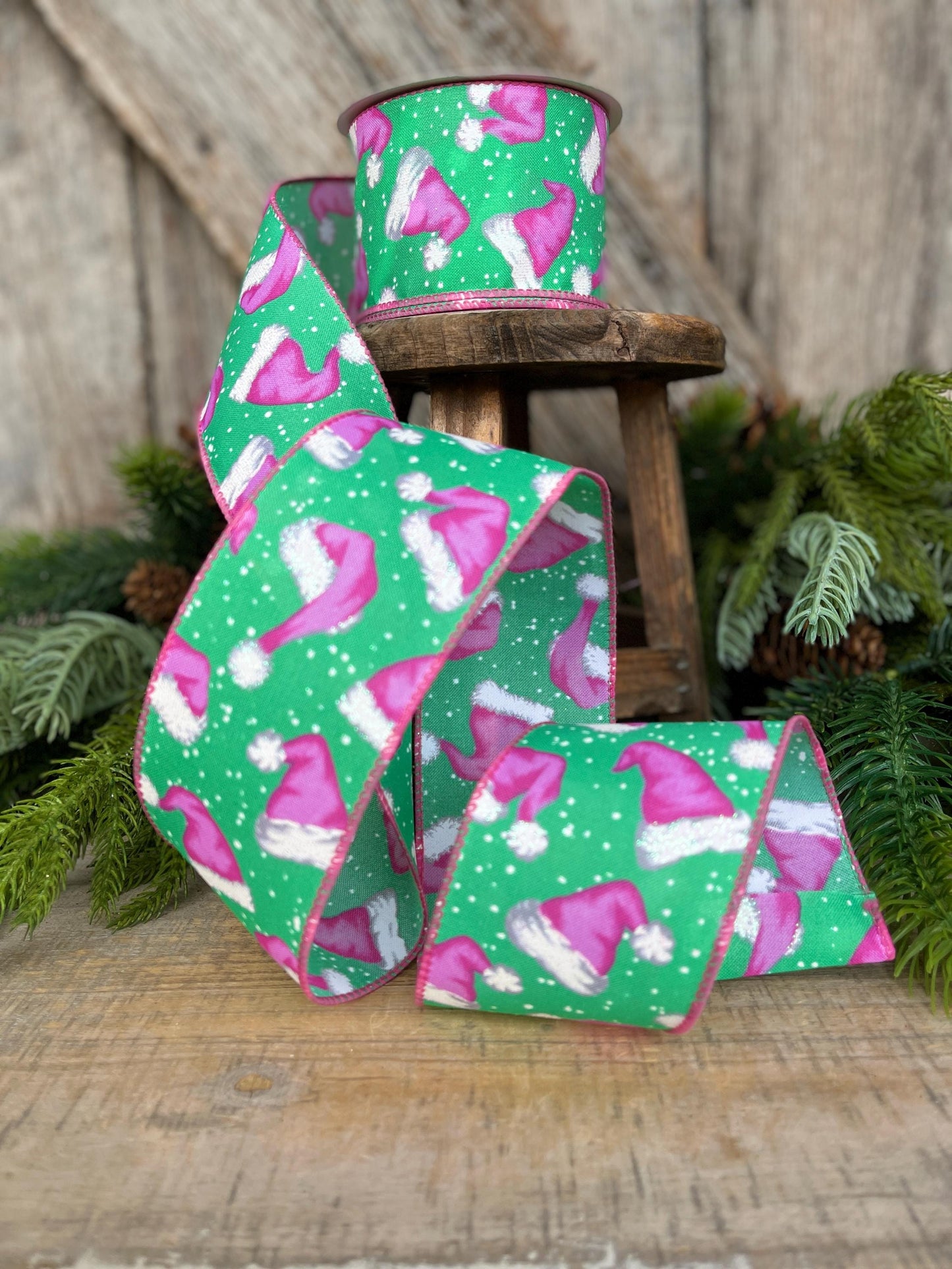 2.5" Pink Santa Hat Ribbon, Mint & Pink Ribbon, Christmas Ribbon, Mint Green Ribbon, Pink Santa Ribbon, 72501-40-06, Christmas Tree Ribbon