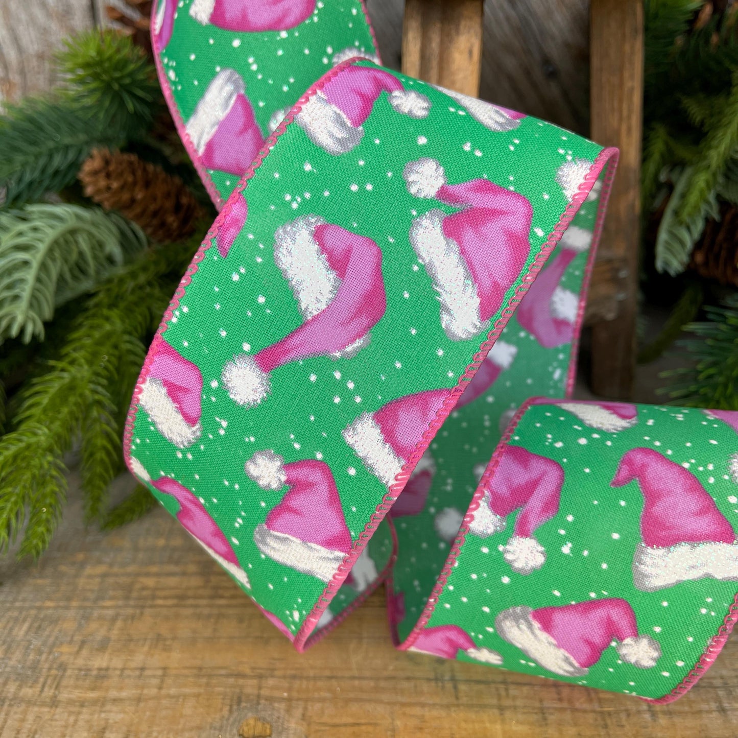 2.5" Pink Santa Hat Ribbon, Mint & Pink Ribbon, Christmas Ribbon