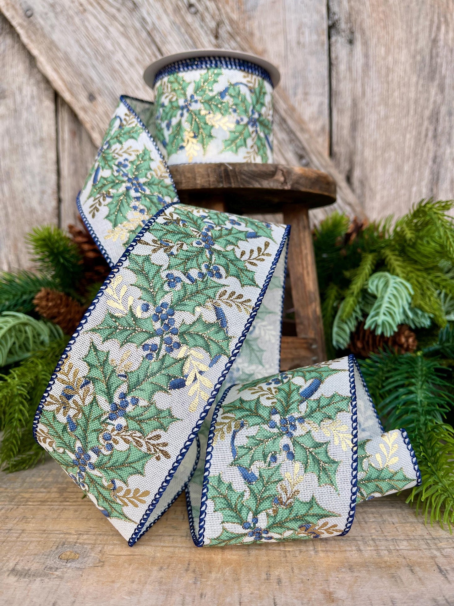 2.5" Holly Leaf Ribbon, Blueberry Pine Ribbon, Wired Ribbon, Christmas Ribbon, Woodsy Ribbon, 72554-40-05