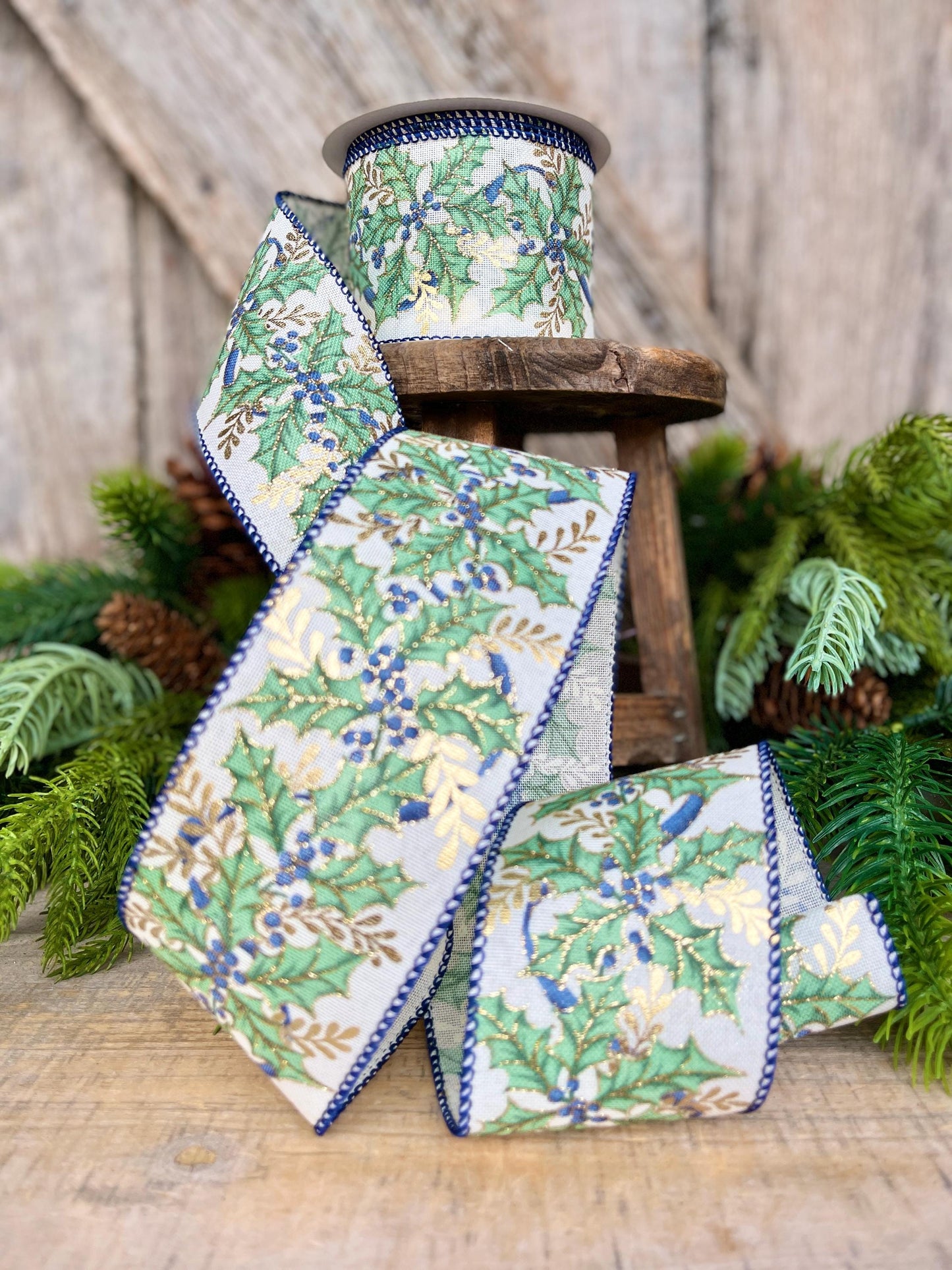 2.5" Holly Leaf Ribbon, Blueberry Pine Ribbon, Wired Ribbon, Christmas Ribbon, Woodsy Ribbon, 72554-40-05