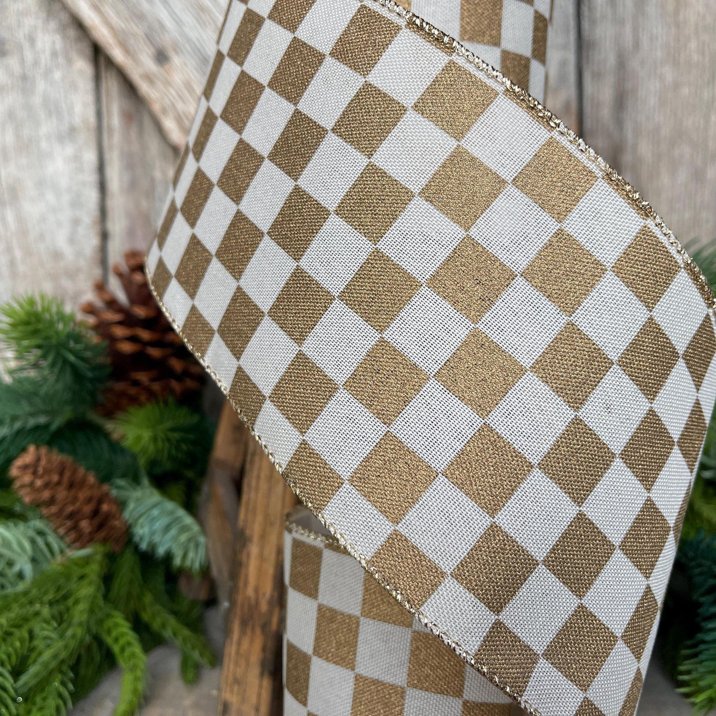 4" Gold Check Ribbon, Christmas Ribbon, Gold Ribbon, Checkered Ribbon, Christmas Tree Ribbon, Retro Check, 73553-04-15