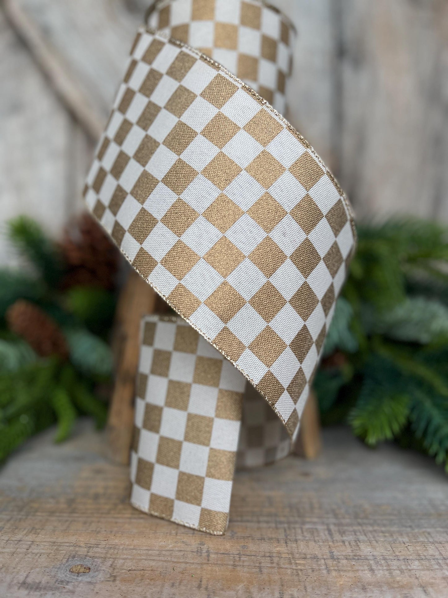 4" Gold Check Ribbon, Christmas Ribbon, Gold Ribbon, Checkered Ribbon, Christmas Tree Ribbon, Retro Check, 73553-04-15