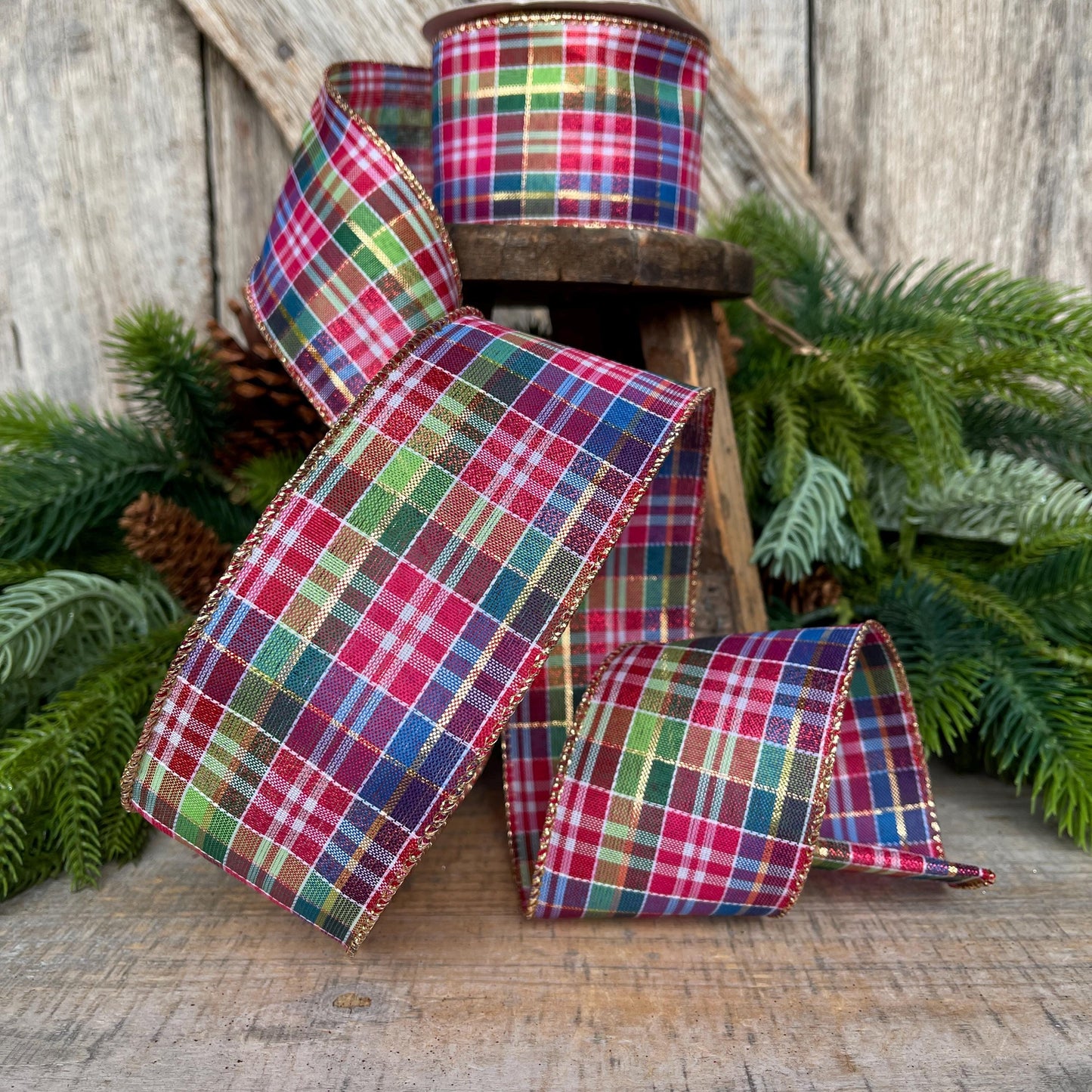 2.5" Pink Christmas Plaid Ribbon, Bright Christmas Plaid Ribbon, Pink Blue Christmas Plaid