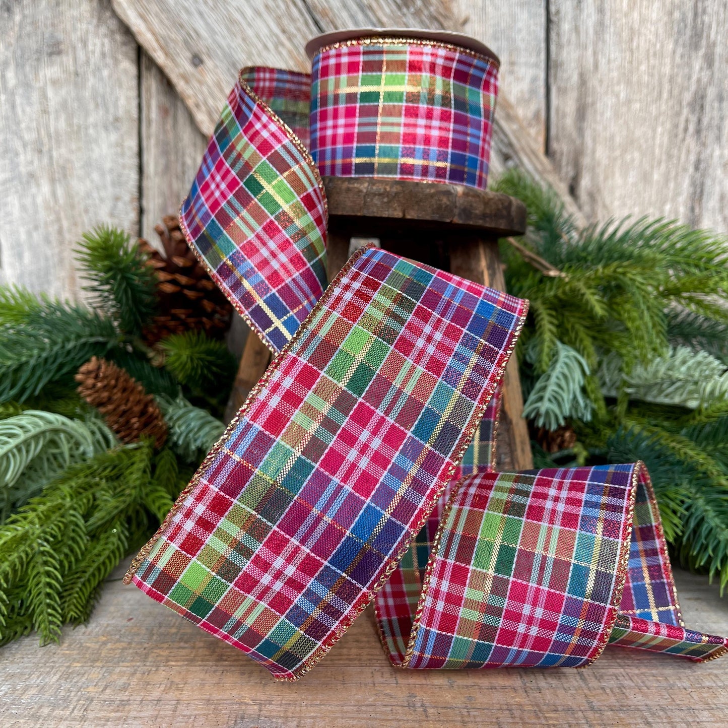 2.5" Pink Christmas Plaid Ribbon, Bright Christmas Plaid Ribbon, Pink Blue Christmas Plaid