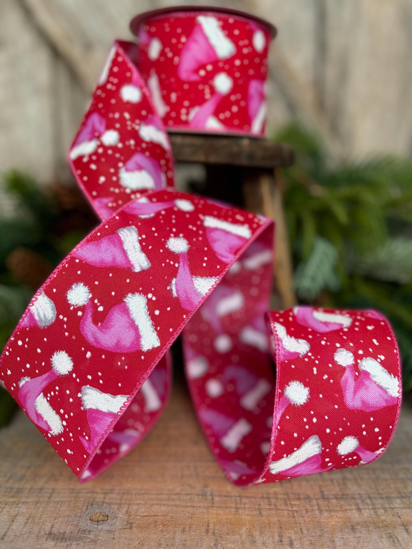 2.5" Pink Santa Hat Ribbon, Red & Pink Ribbon, Christmas Ribbon, Bubblegum Pink Ribbon, Pink Santa Ribbon, 72501-40-12
