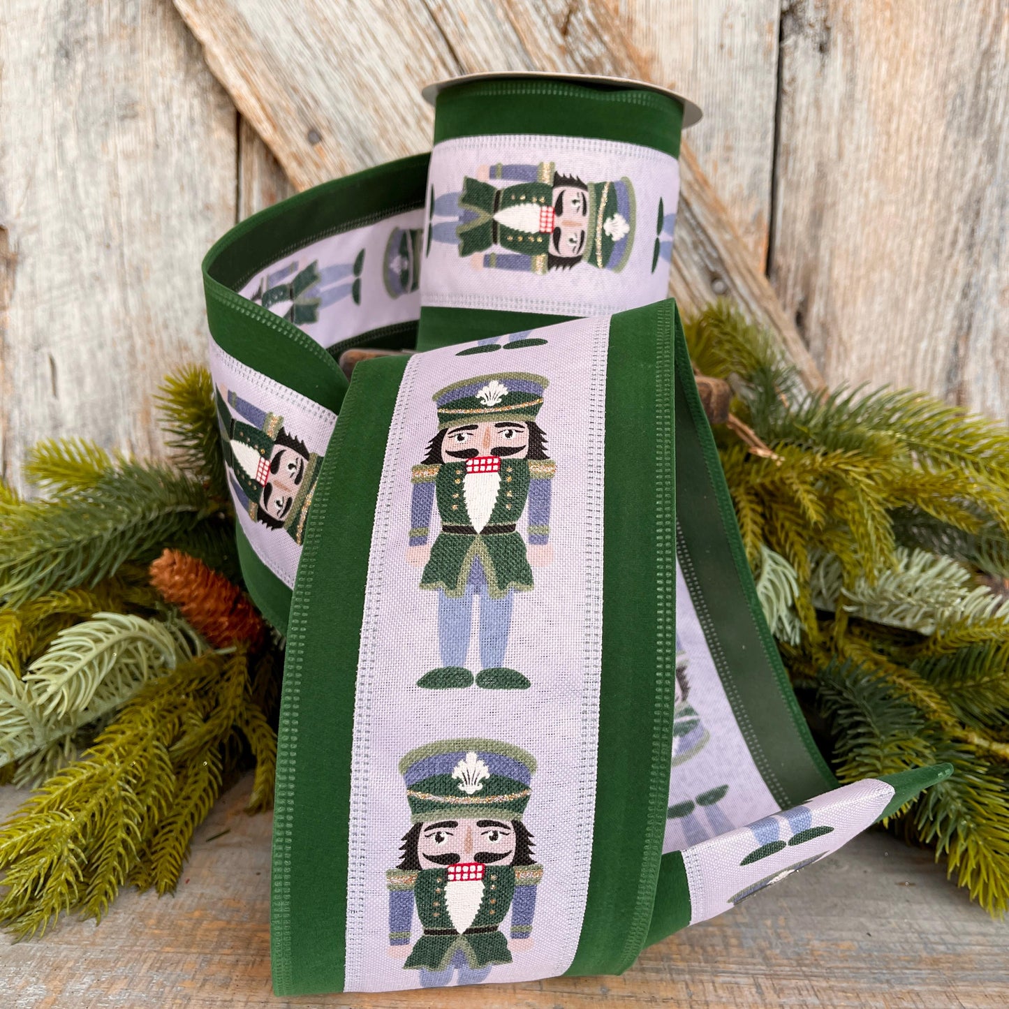 4" Nutcracker Ribbon, Christmas Nutcracker Decor, RIbbon with Nutcrackers, Green Velvet , Green & Blue Nutcracker Ribbon, 76528-04-07