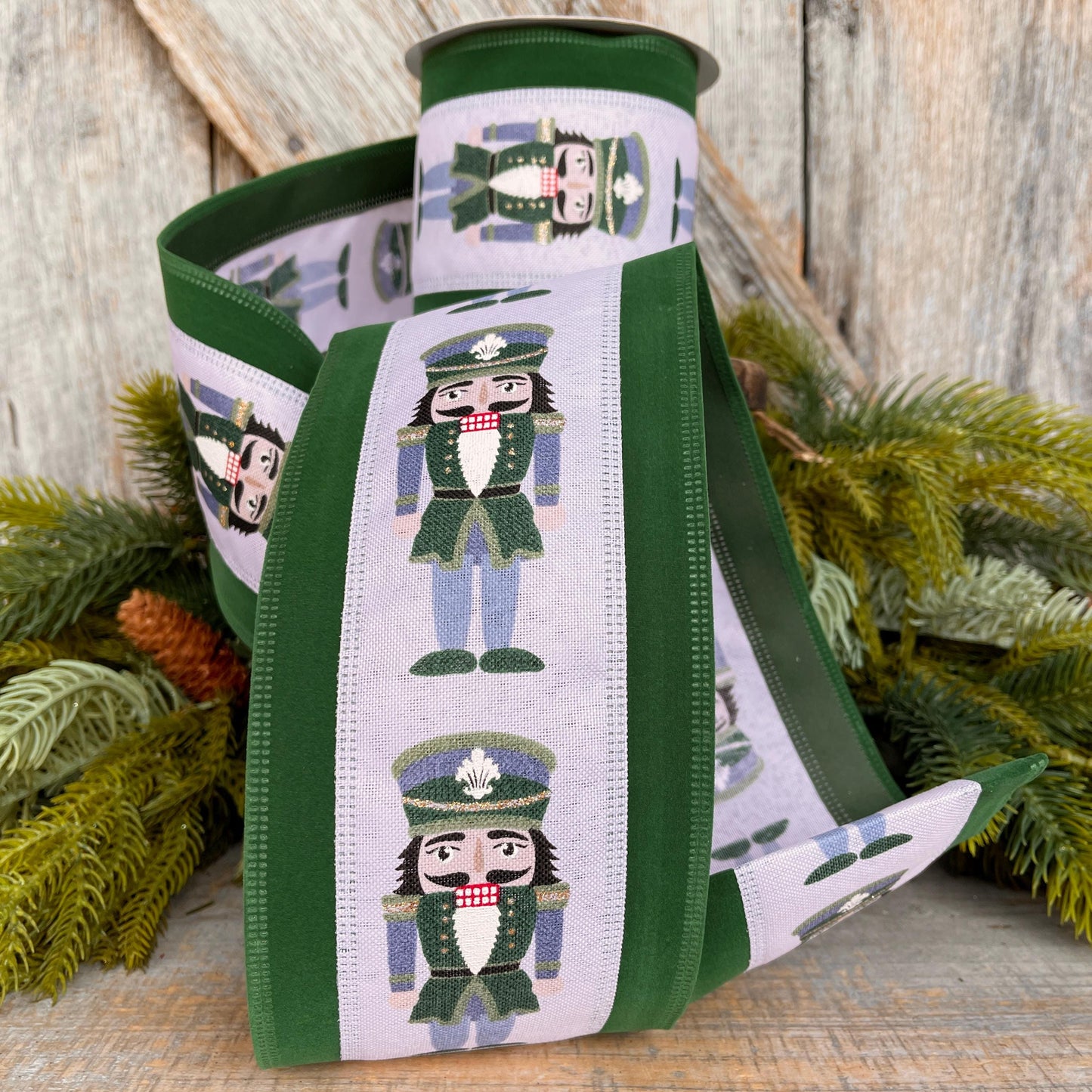 4" Nutcracker Ribbon, Christmas Nutcracker Decor, RIbbon with Nutcrackers, Green Velvet , Green & Blue Nutcracker Ribbon, 76528-04-07
