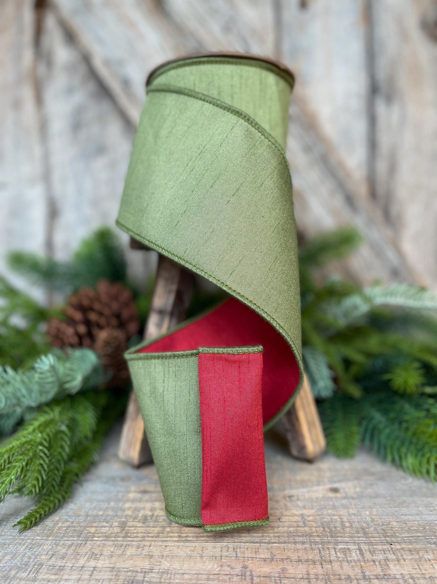 4" Red Moss Green Dupion Ribbon, Christmas Ribbon, Double Sided Ribbon