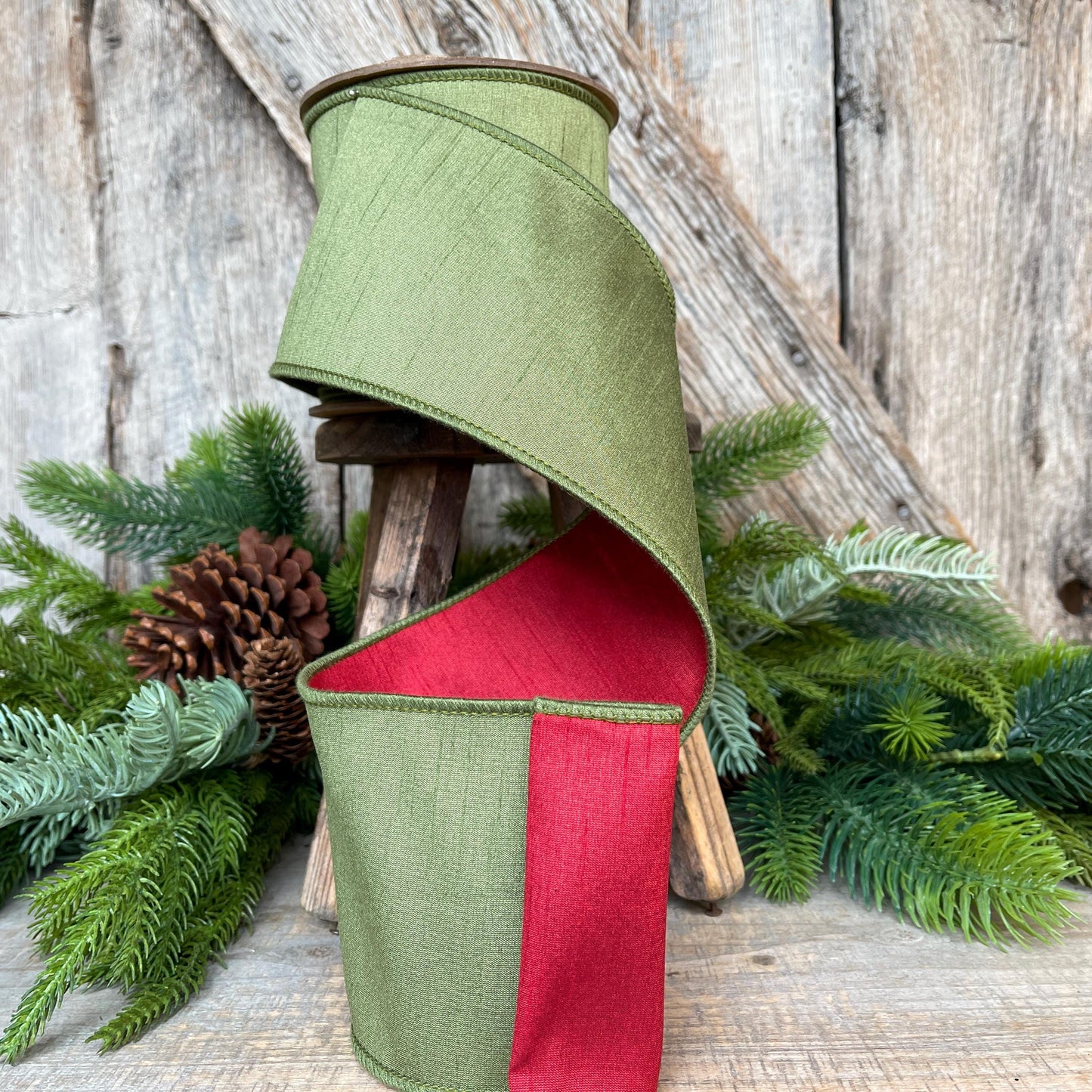 4" Red Moss Green Dupion Ribbon, Christmas Ribbon, Double Sided Ribbon
