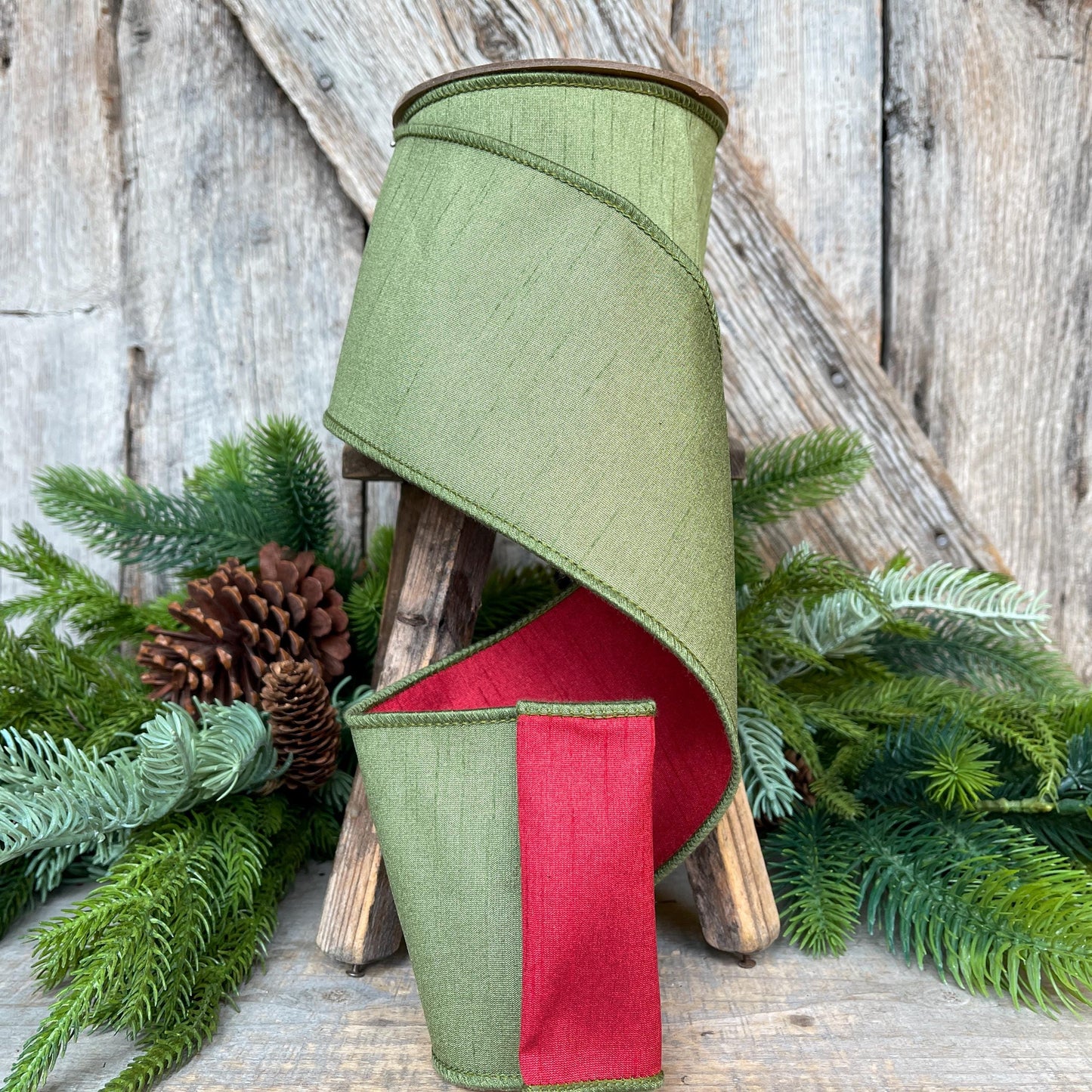 4" Red Moss Green Dupion Ribbon, Christmas Ribbon, Double Sided Ribbon