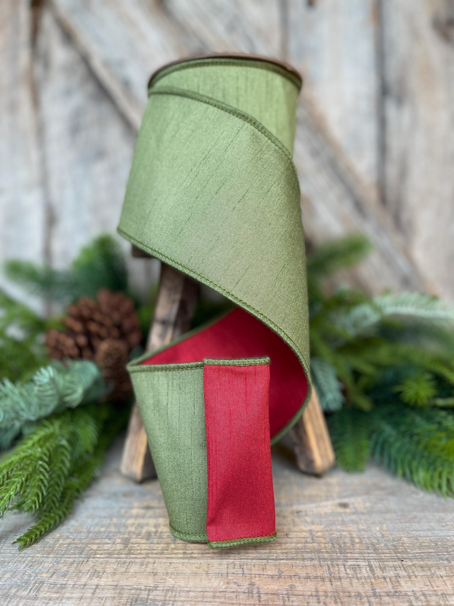 4" Red Moss Green Dupion Ribbon, Christmas Ribbon, Double Sided Ribbon
