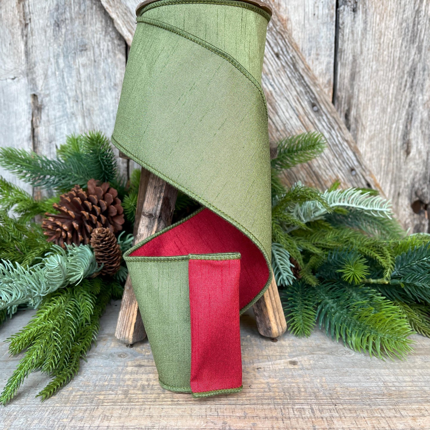 4" Red Moss Green Dupion Ribbon, Christmas Ribbon, Double Sided Ribbon