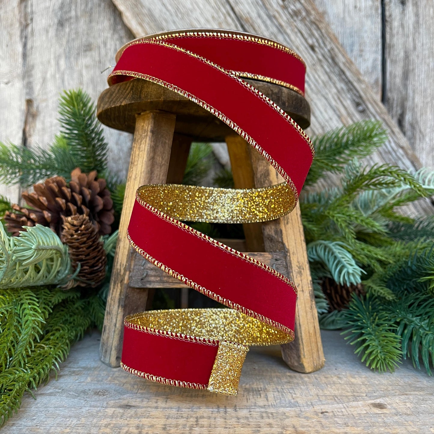1" Red Gold Ribbon, Red Gold Gleam Ribbon, Farrisilk Ribbon, Wired Ribbon, Christmas Ribbon, Narrow Ribbon, Christmas Tree Ribbon
