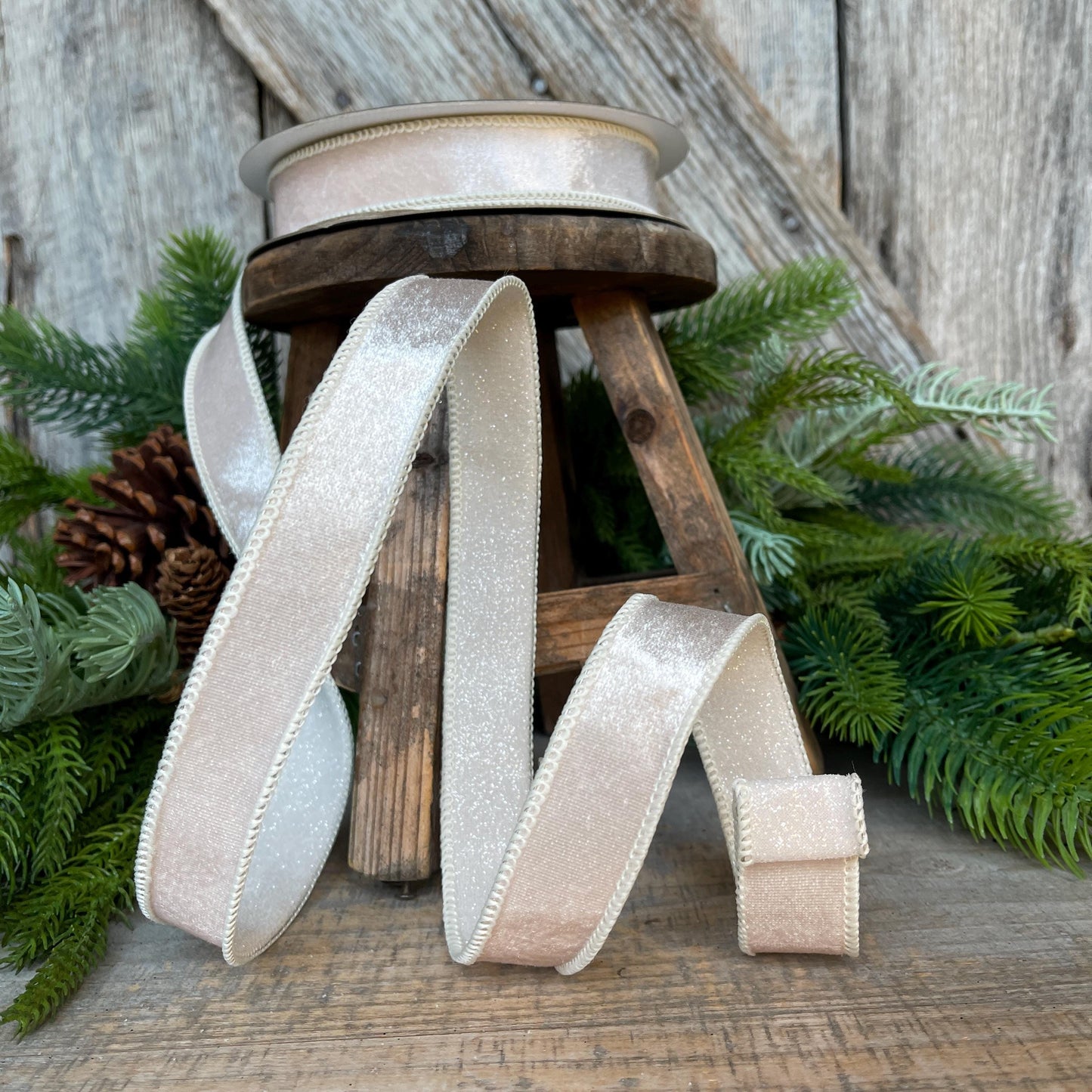 1" Ivory Pearl Velvet Ribbon, Farrisilk Ribbon, Pearl Ribbon, Christmas Ribbon, Plush Stardust ribbon, Designer Ribbon, RS206-63