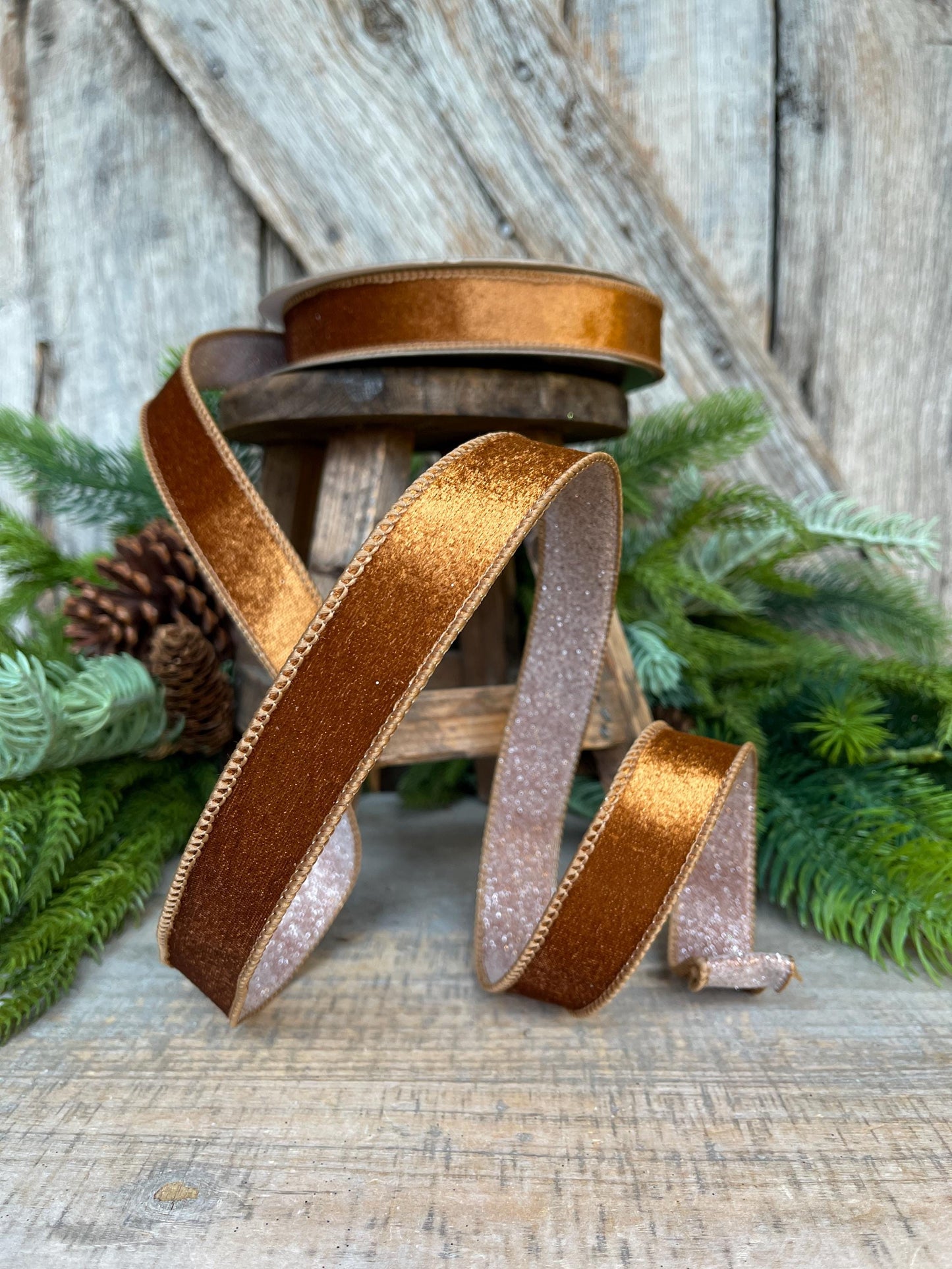 1" Pecan Brown Velvet Ribbon, Farrisilk Ribbon, Brown Ribbon, Christmas Ribbon, Plush Stardust ribbon, Designer Ribbon, RS206-35