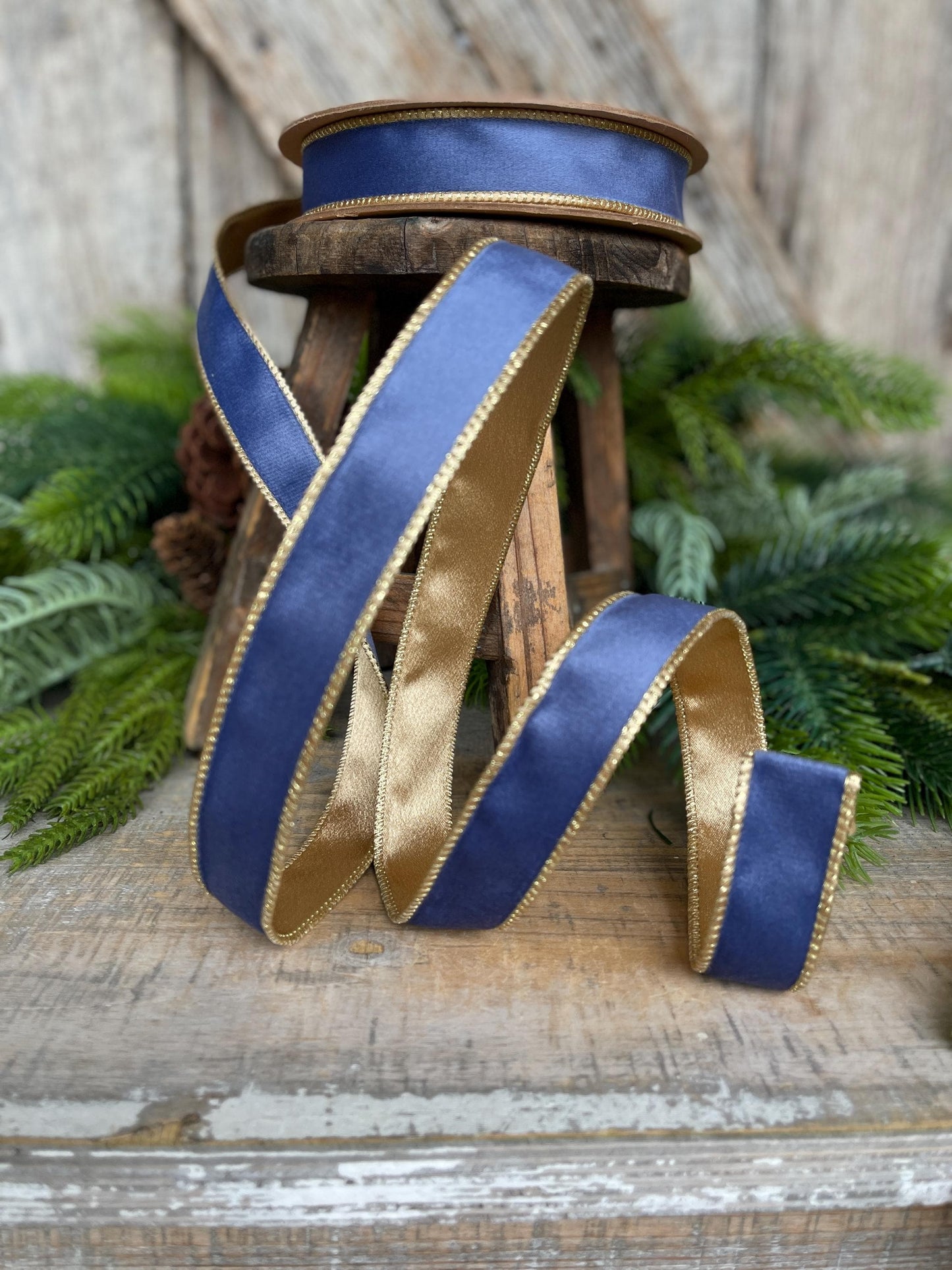 1" French Blue Velvet Ribbon, French Blue Velvet Ribbon, Wired Ribbon