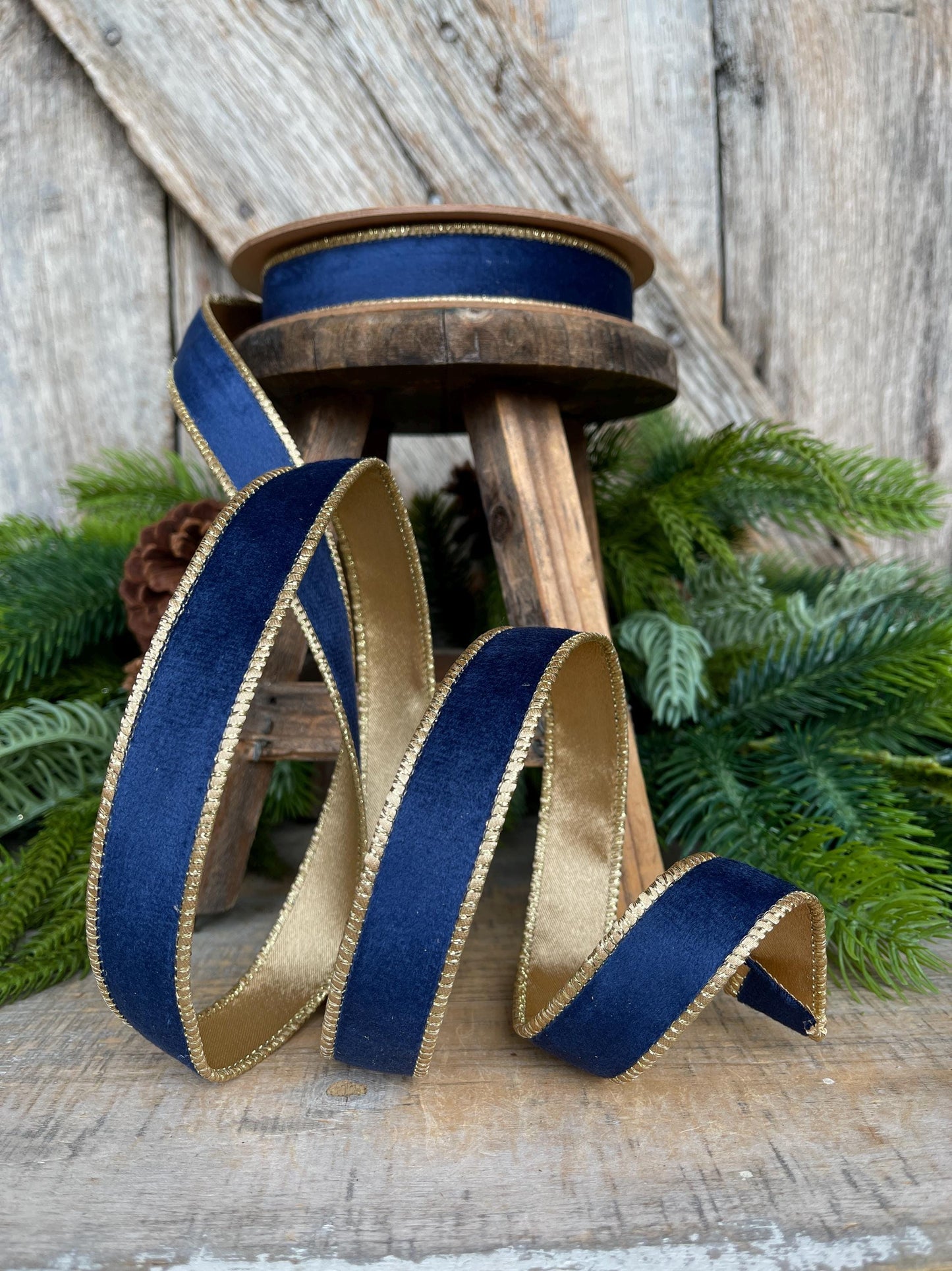 1" Navy Blue Velvet Ribbon, Navy Velvet Ribbon, Wired Ribbon