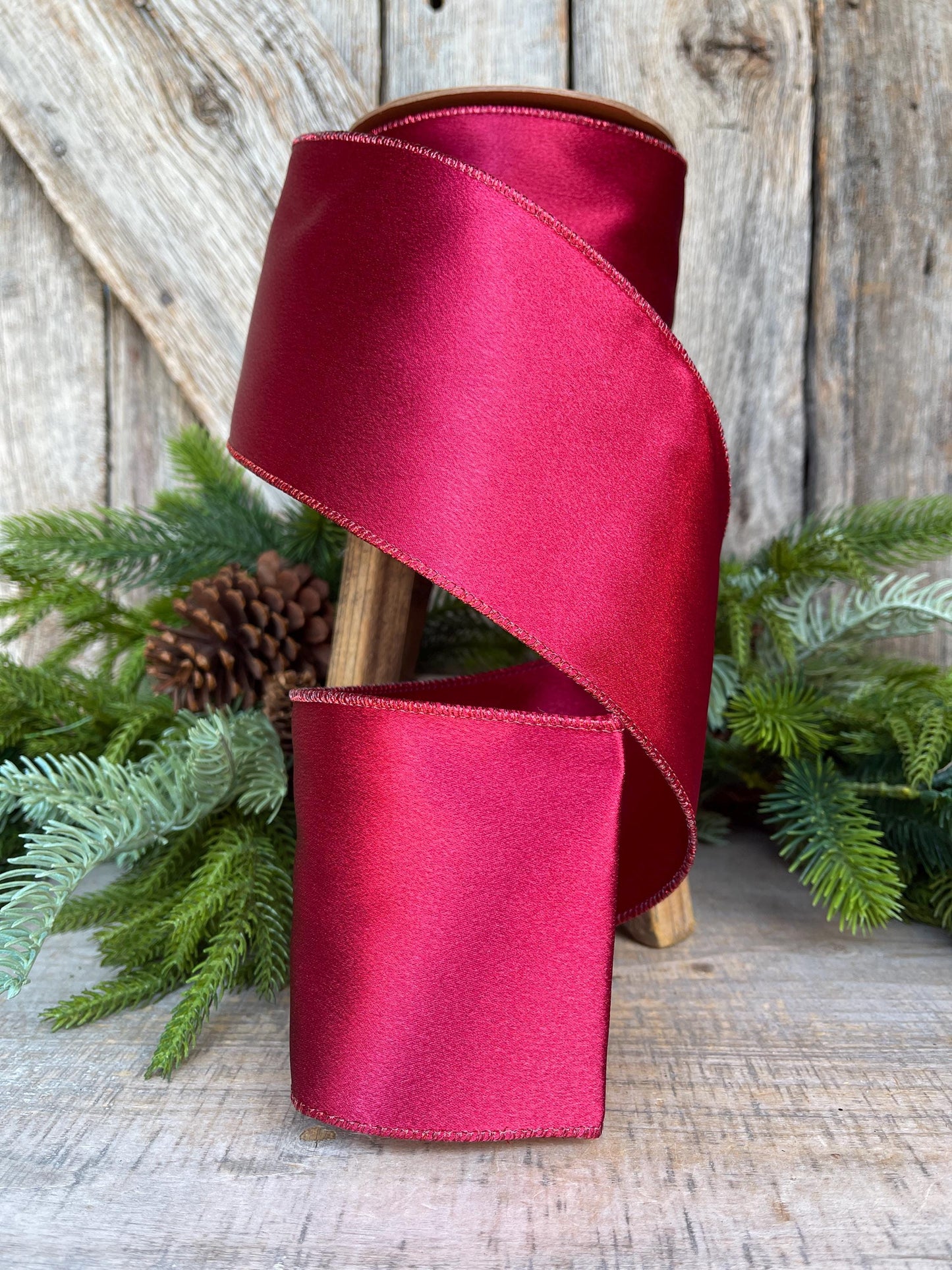 4" Wine Burgundy Satin Ribbon, Christmas Ribbon, Shimmer Satin Ribbon, Wired Ribbon, Maroon Ribbon
