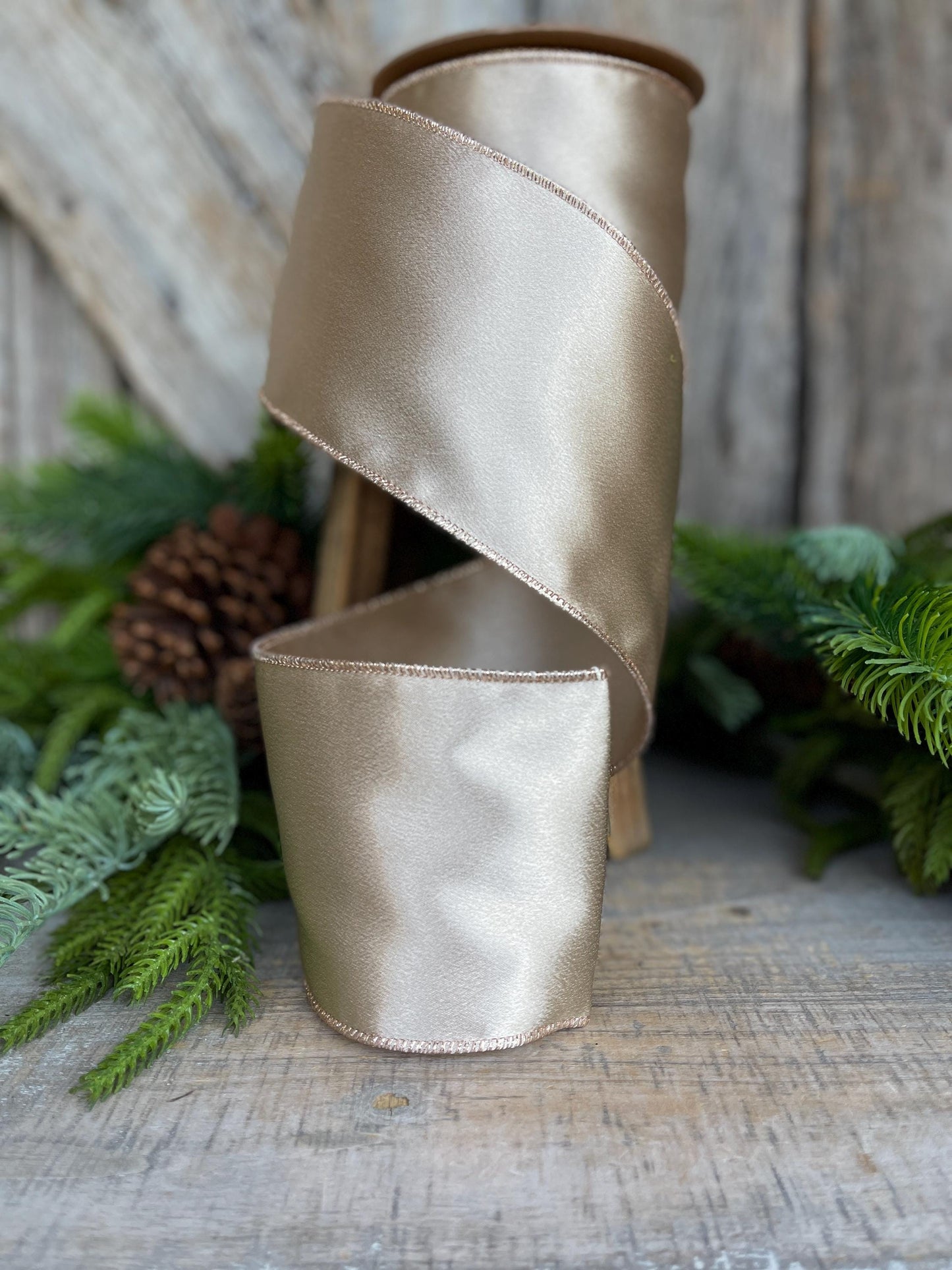 4" Champagne Gold Satin Ribbon, Christmas Ribbon, Shimmer Satin Ribbon, Wired Ribbon, Gold Ribbon