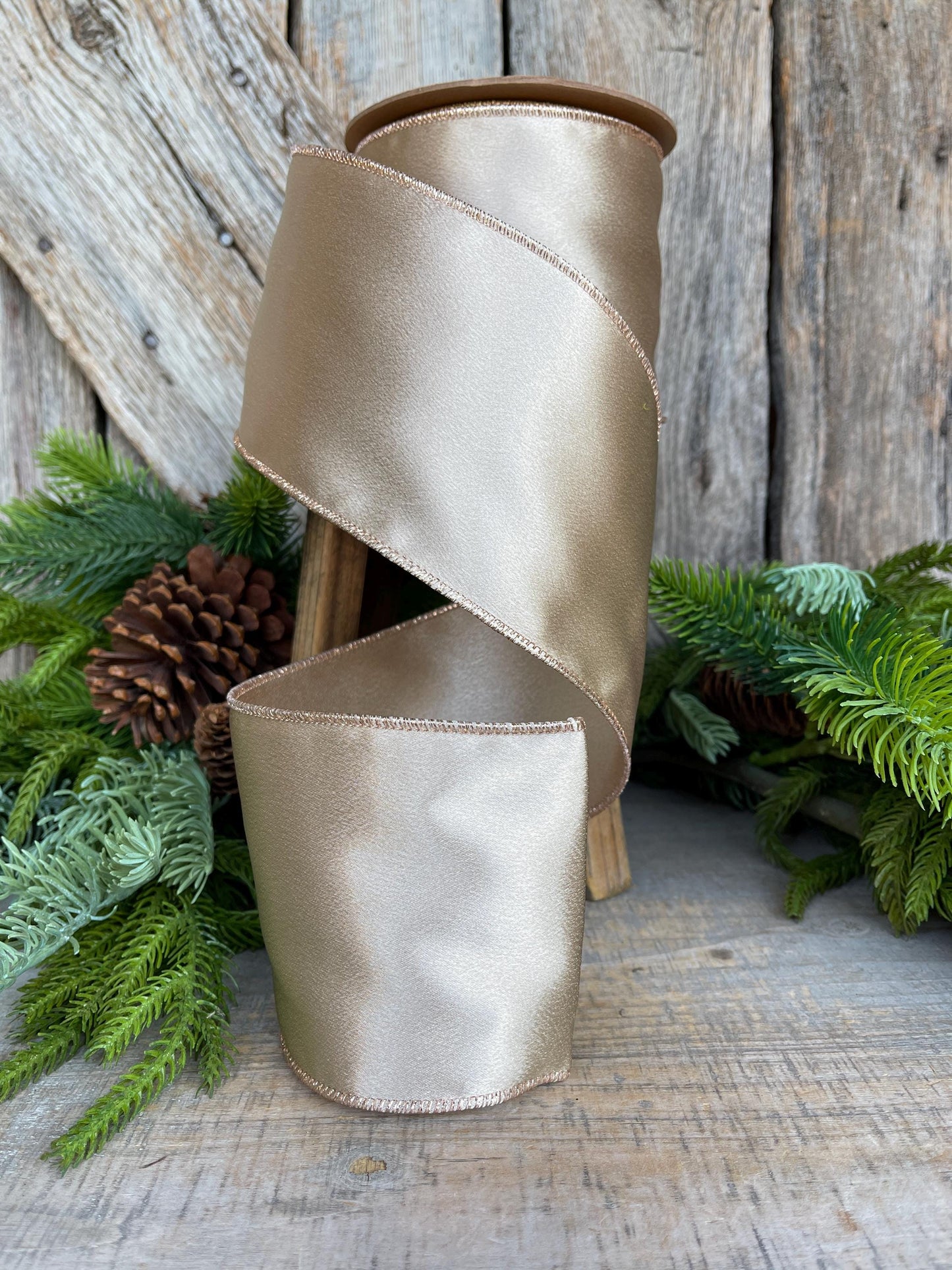 4" Champagne Gold Satin Ribbon, Christmas Ribbon, Shimmer Satin Ribbon, Wired Ribbon, Gold Ribbon