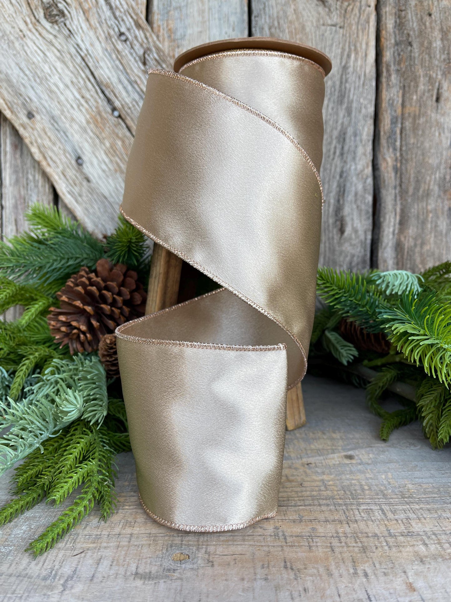 4" Champagne Gold Satin Ribbon, Christmas Ribbon, Shimmer Satin Ribbon, Wired Ribbon, Gold Ribbon