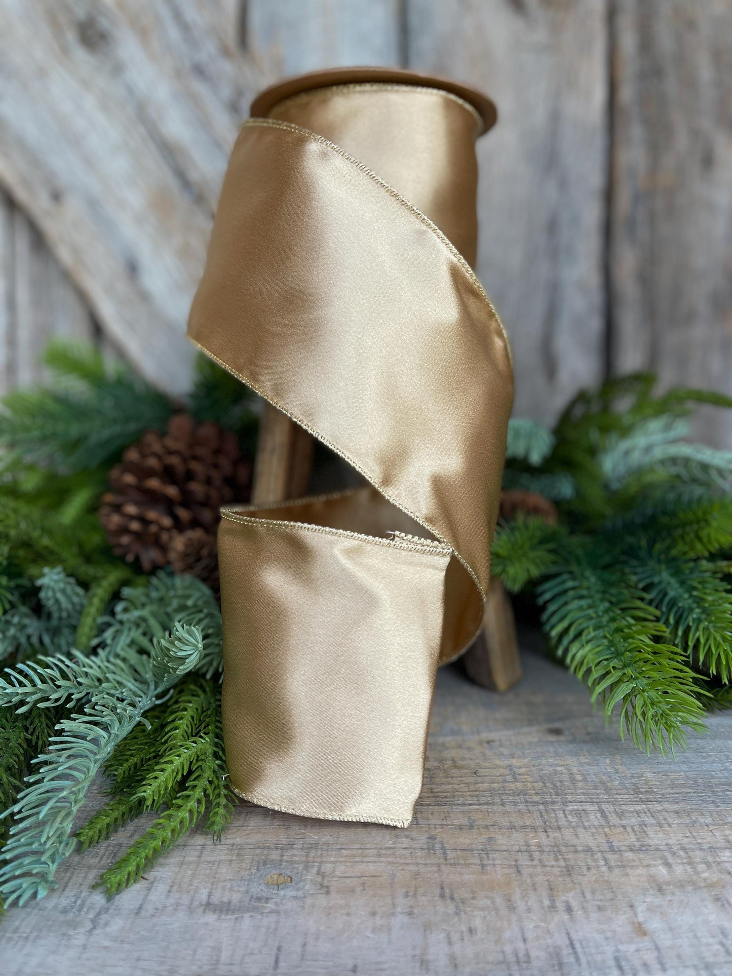 4" Gold Satin Ribbon, Christmas Ribbon, Shimmer Satin Ribbon