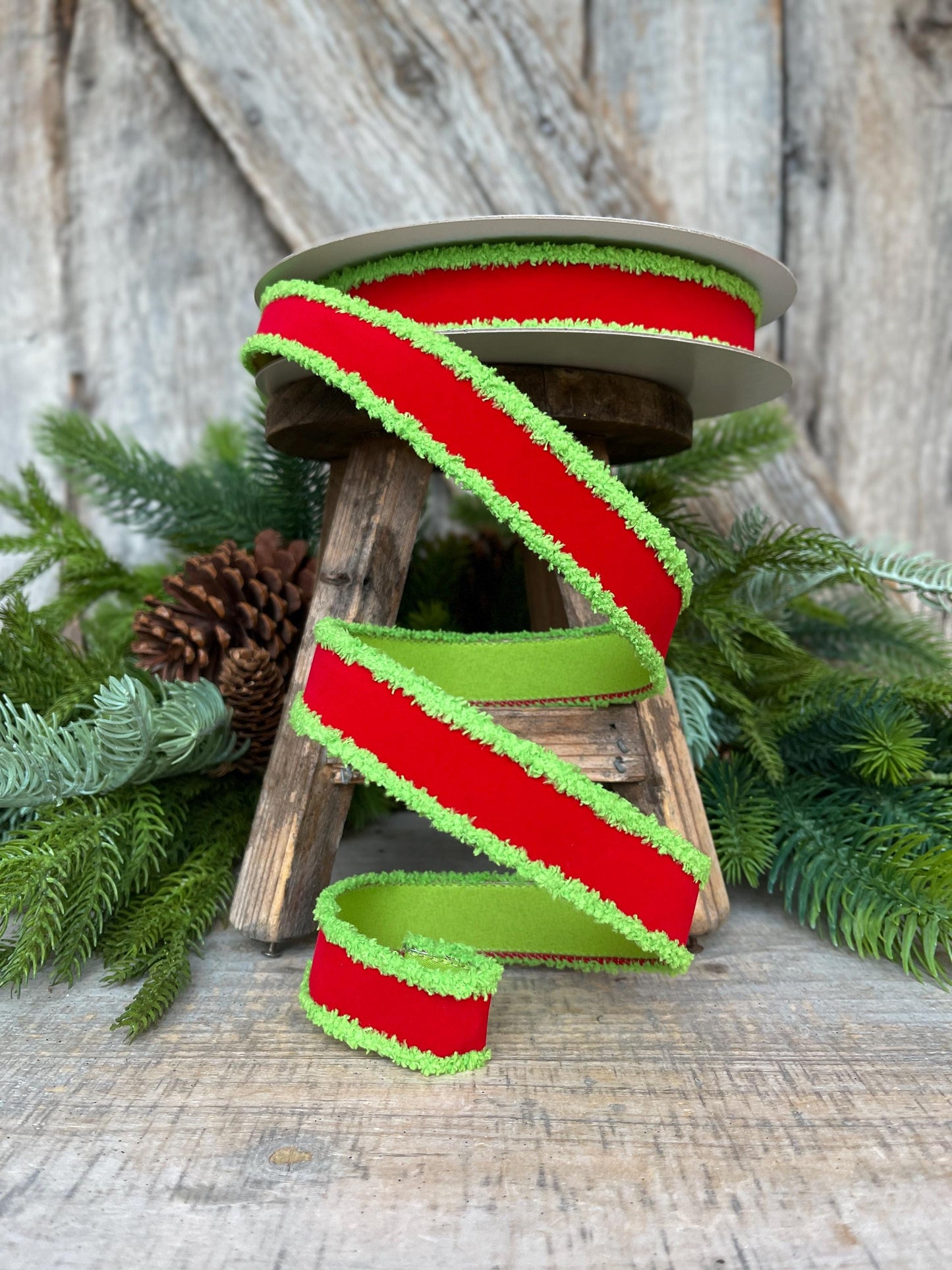 1" Red Lime Green Ribbon, Farrisilk Ribbon, Scrooge Trim Ribbon, Wired Ribbon, Christmas Ribbon, Fuzzy Edge Ribbon, RS221-47