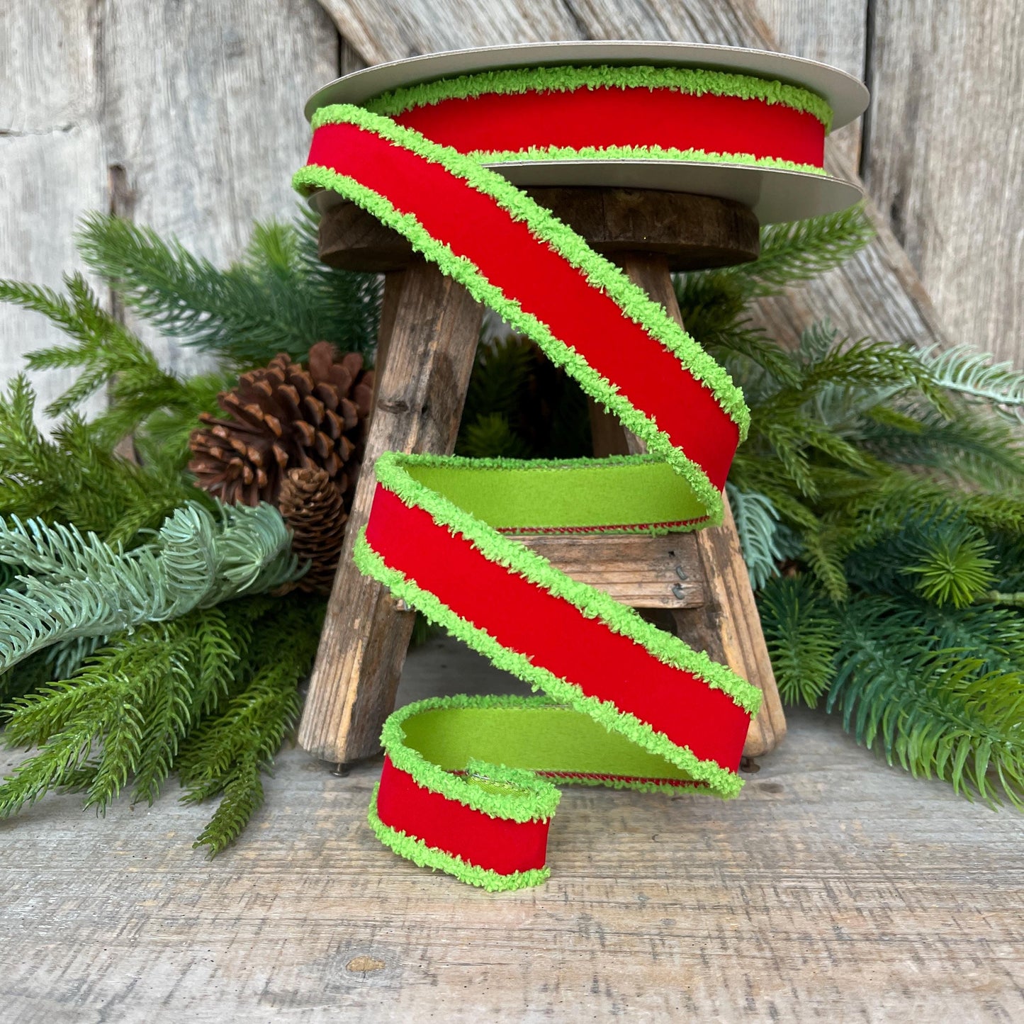 1" Red Lime Green Ribbon, Farrisilk Ribbon, Scrooge Trim Ribbon, Wired Ribbon, Christmas Ribbon, Fuzzy Edge Ribbon, RS221-47