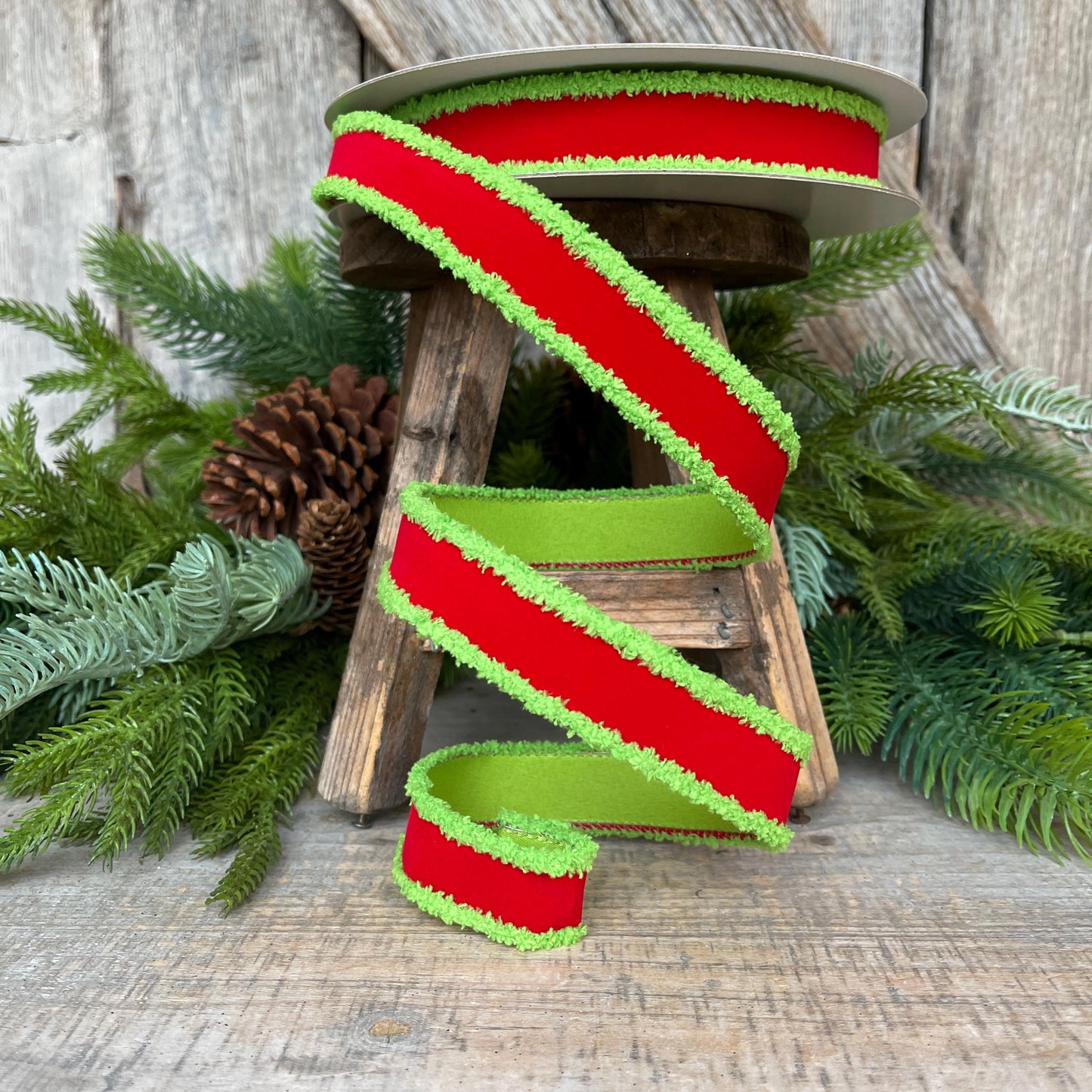 1" Red Lime Green Ribbon, Farrisilk Ribbon, Scrooge Trim Ribbon, Wired Ribbon, Christmas Ribbon, Fuzzy Edge Ribbon, RS221-47