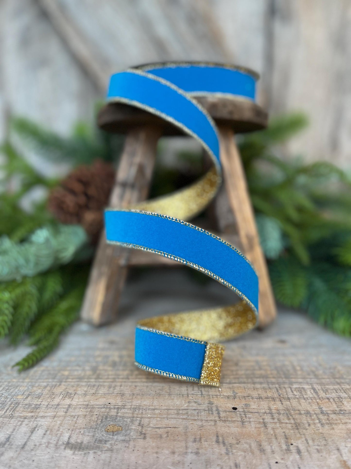 1" Blue Gold Gleam Ribbon, Farrisilk Ribbon, Wired Ribbon