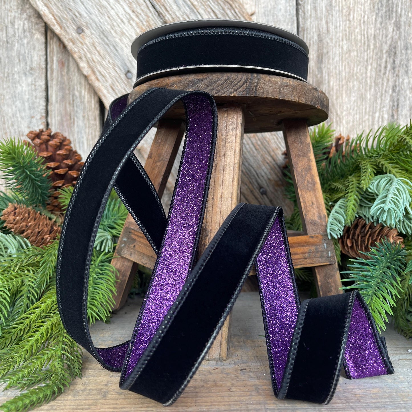 Black & Purple Fusion Ribbon: 1" Farrisilk Halloween Ribbon