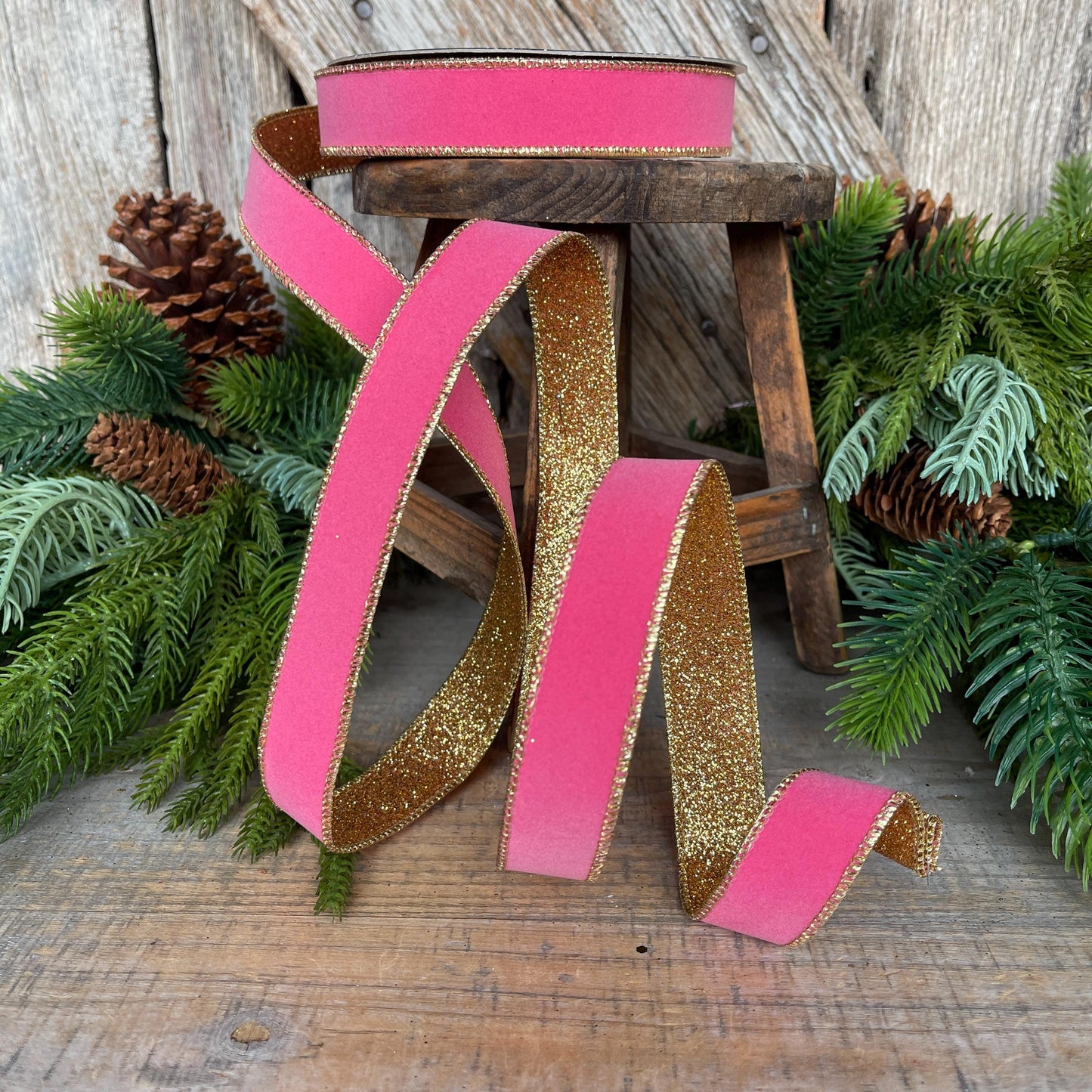 1" Bubblegum Pink & Gold Ribbon, Farrisilk Ribbon, Pink Gold Gleam Ribbon, RS203-74