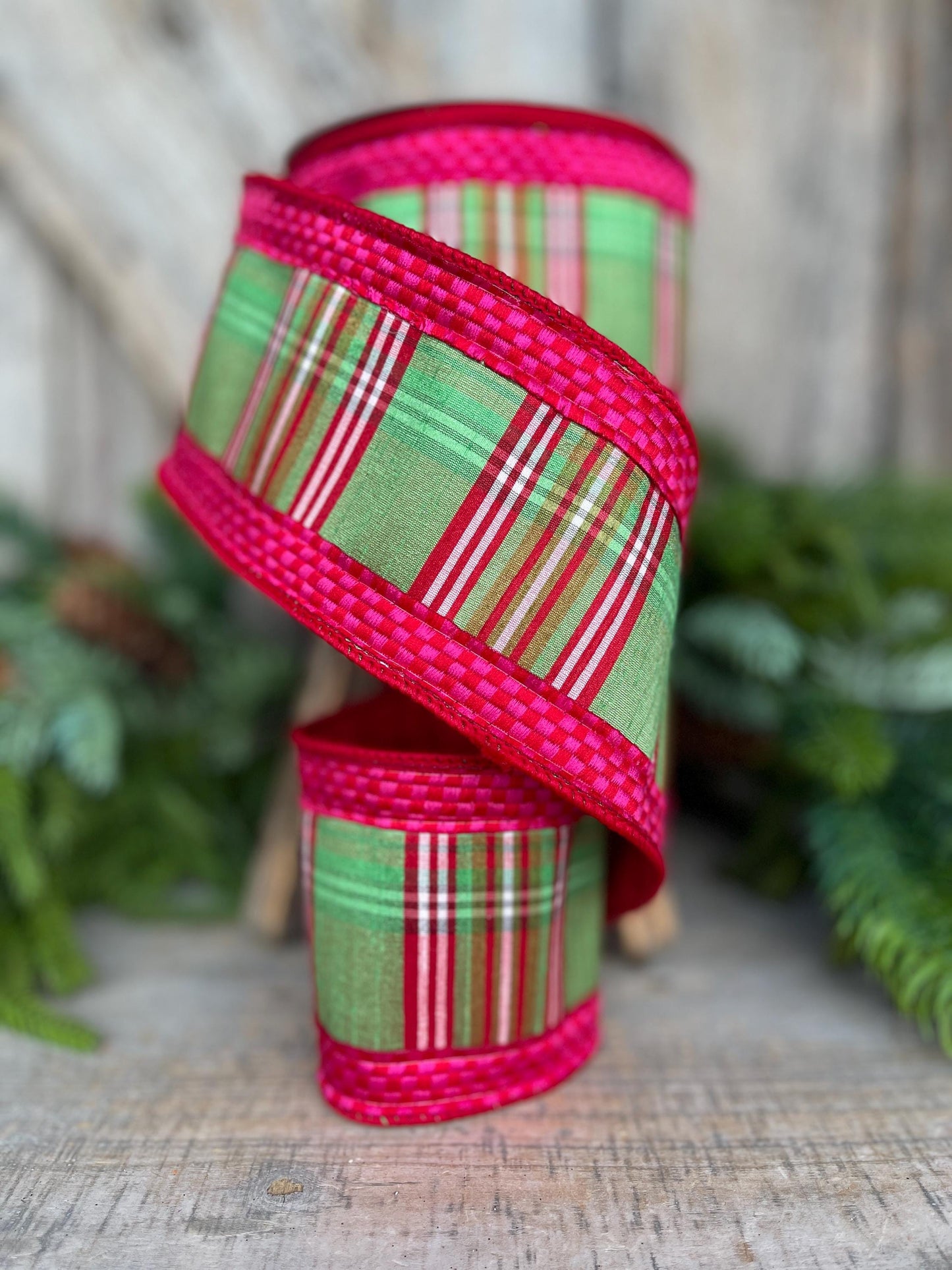 4" Kitschy Plaid Ribbon, Farrisilk Ribbon, Green Pink Red Plaid Ribbon