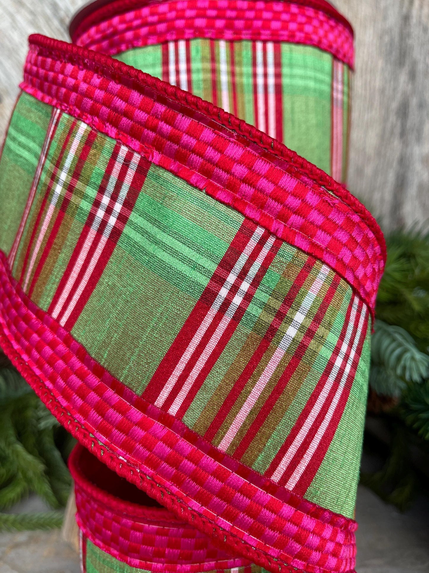 4" Kitschy Plaid Ribbon, Farrisilk Ribbon, Green Pink Red Plaid Ribbon
