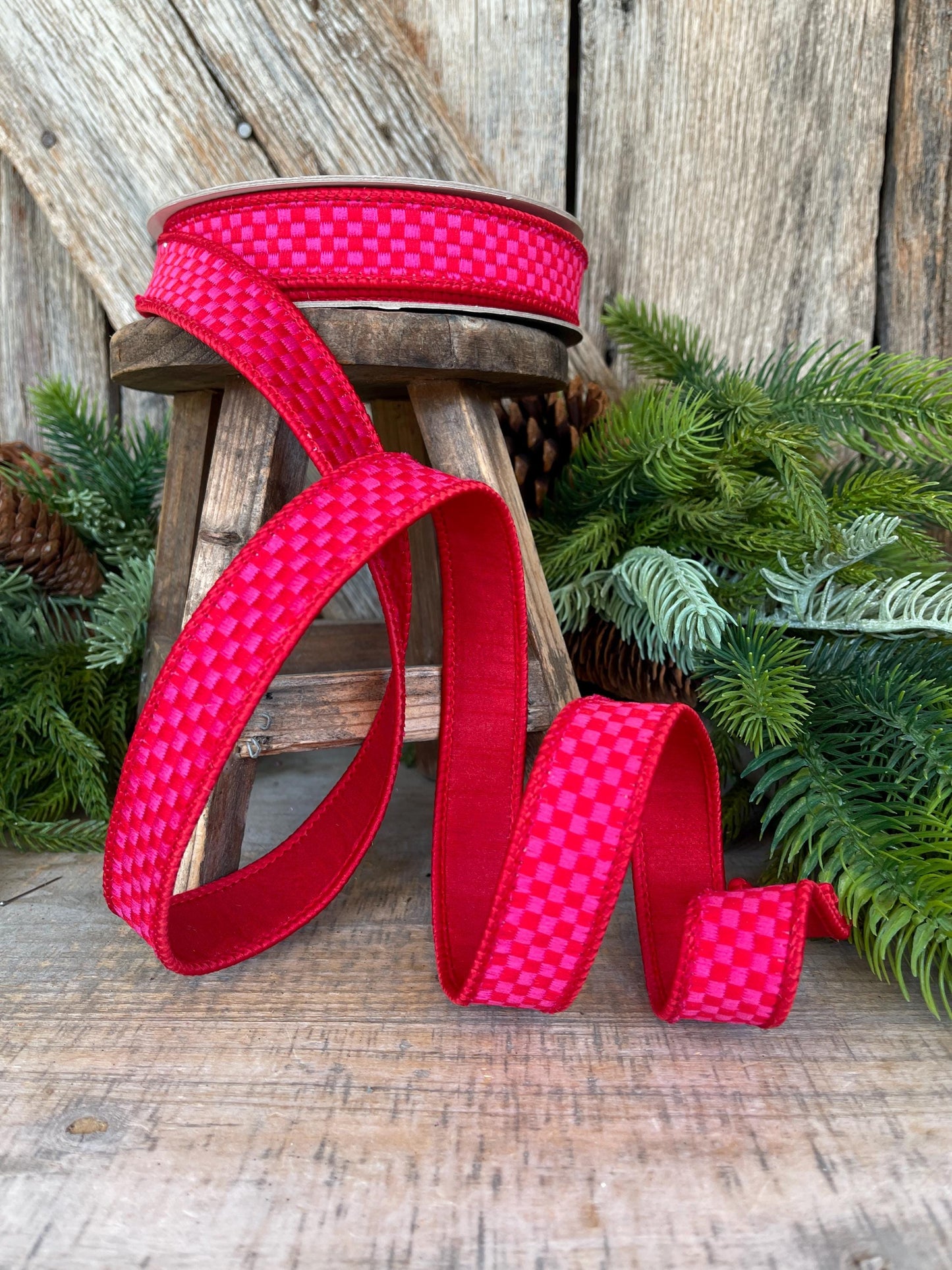 1" Hot Pink Red Ribbon, Farrisilk Ribbon, Kitschy Checks Ribbon